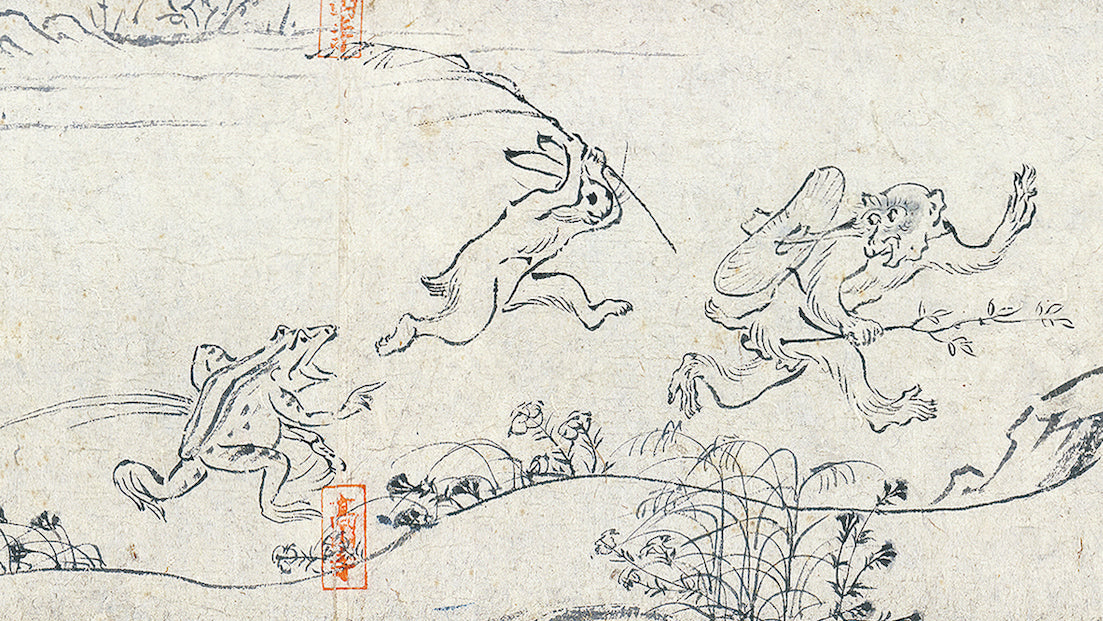 Monkeys praying and rabbits wrestling, Chojugiga picture scroll
