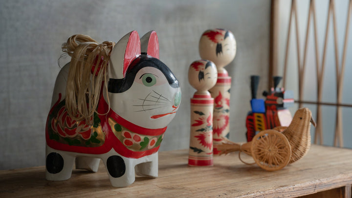 Traditional Japanese regional toys displayed in an old Japanese folk house