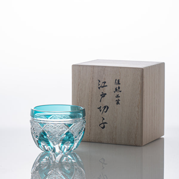 Kiyohide Glass Green Flower Petals Edo Kiriko Cut Glass Guinomi Sake Cup