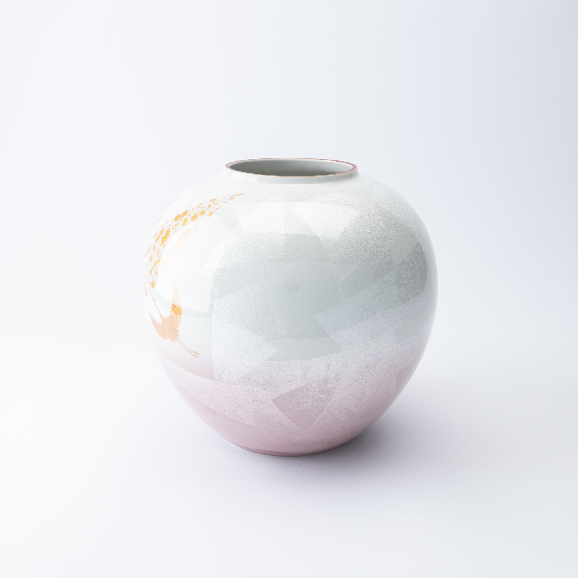 Ginsai Crane Round Japanese Flower Vase 8.1 IN