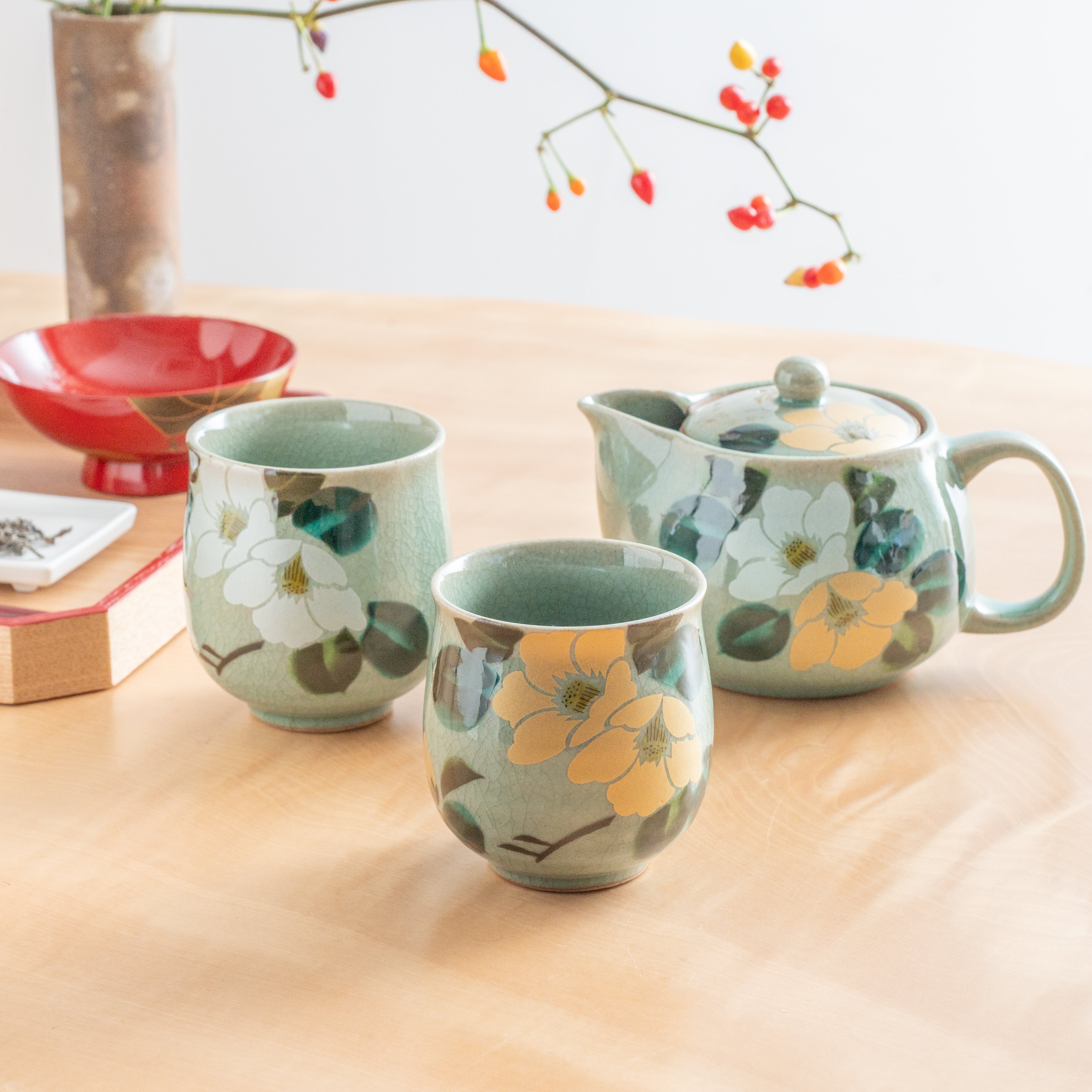 Gold and Silver Camellia Japanese Tea Set