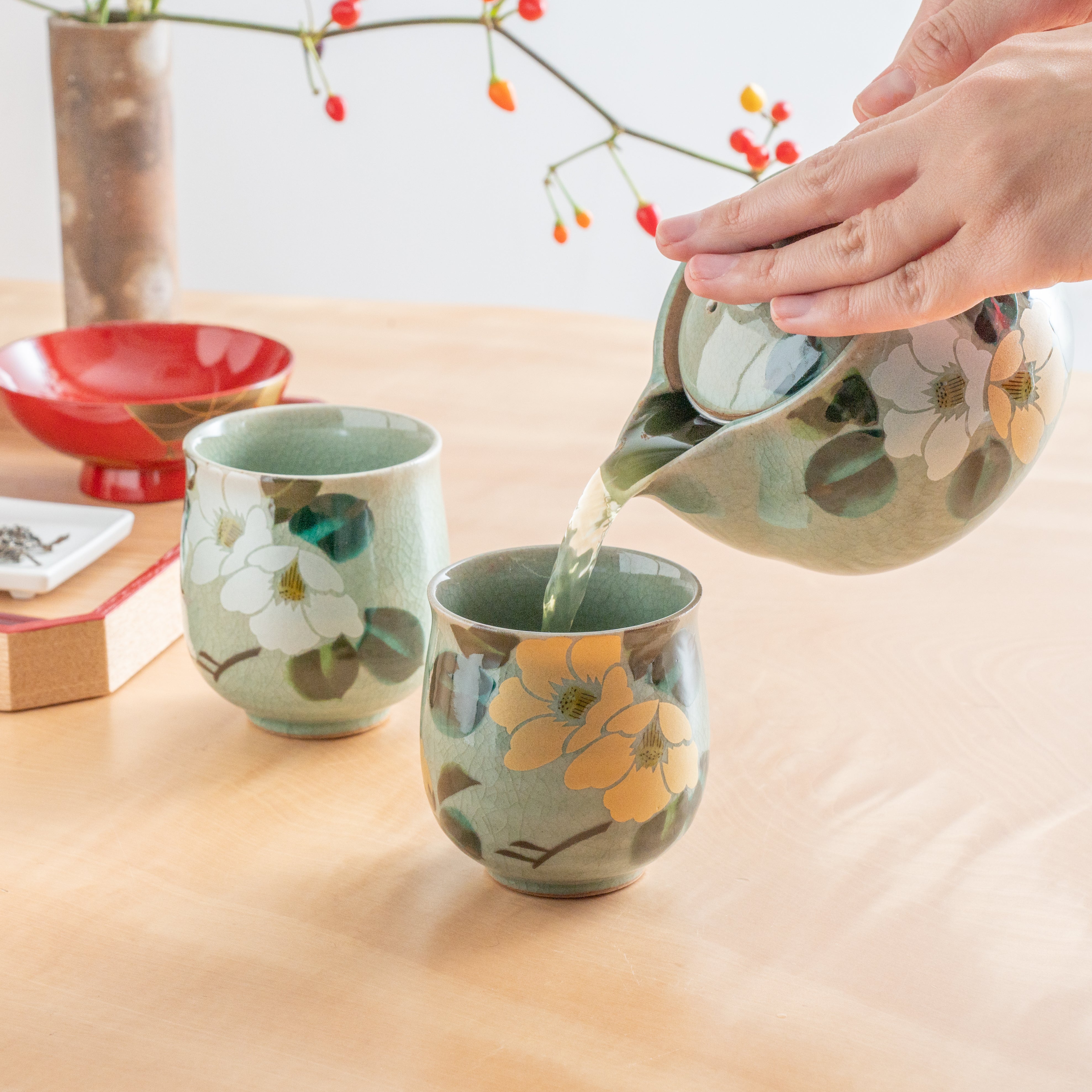 Gold and Silver Camellia Japanese Tea Set