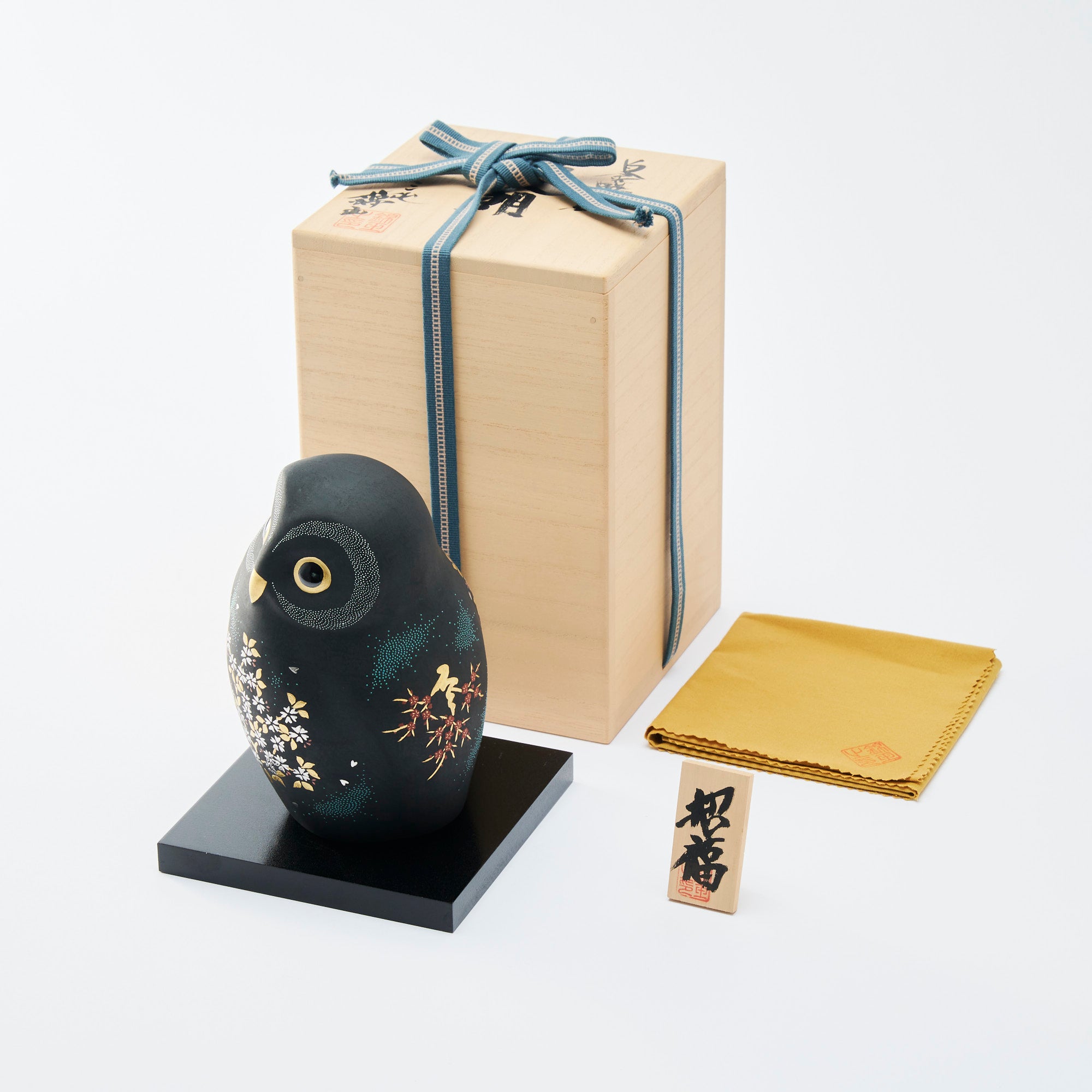 Morikin Aochibu Sakura and Plum Blossom Pattern Owl Figurine