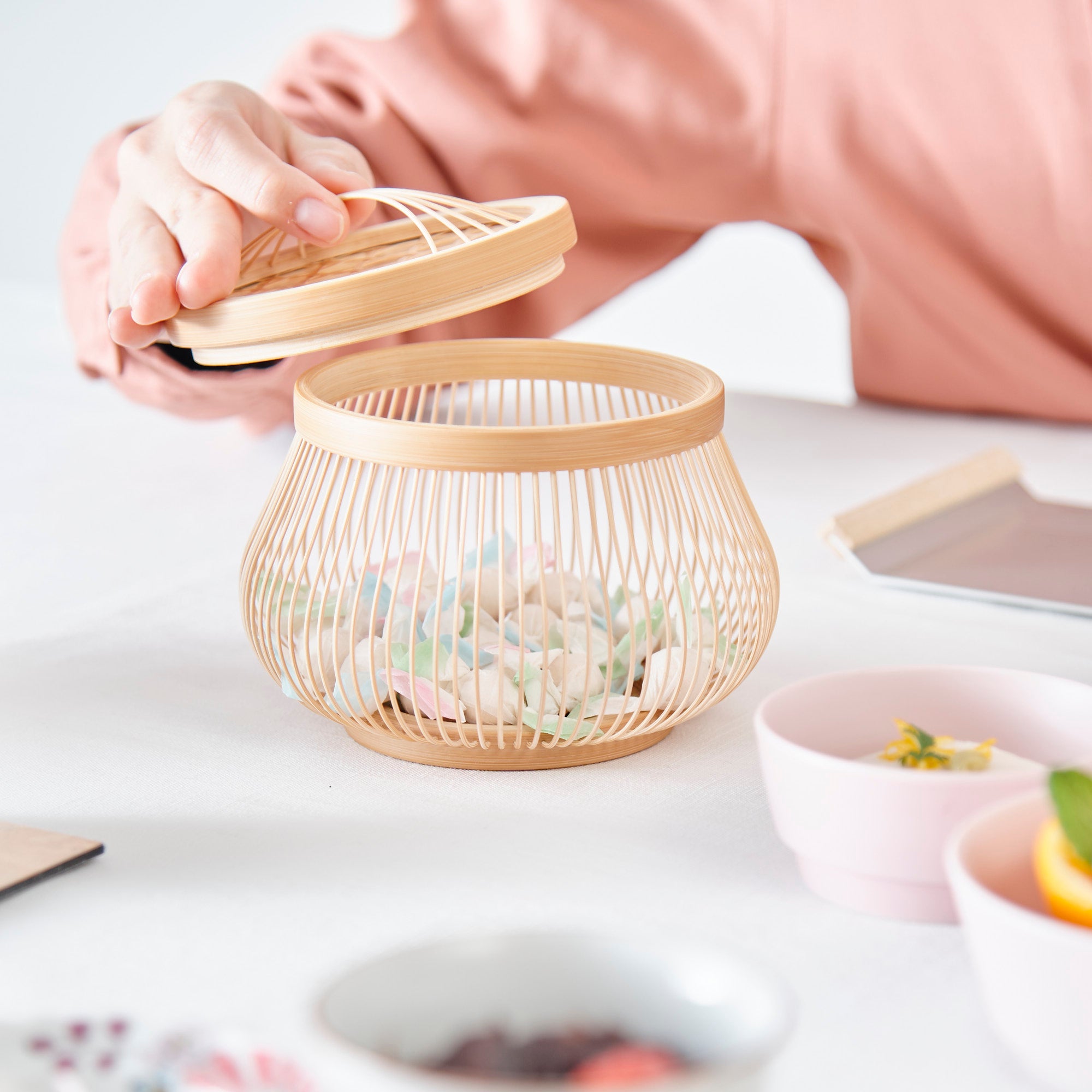Hexagonal Patterned Basketry Basket with Lid