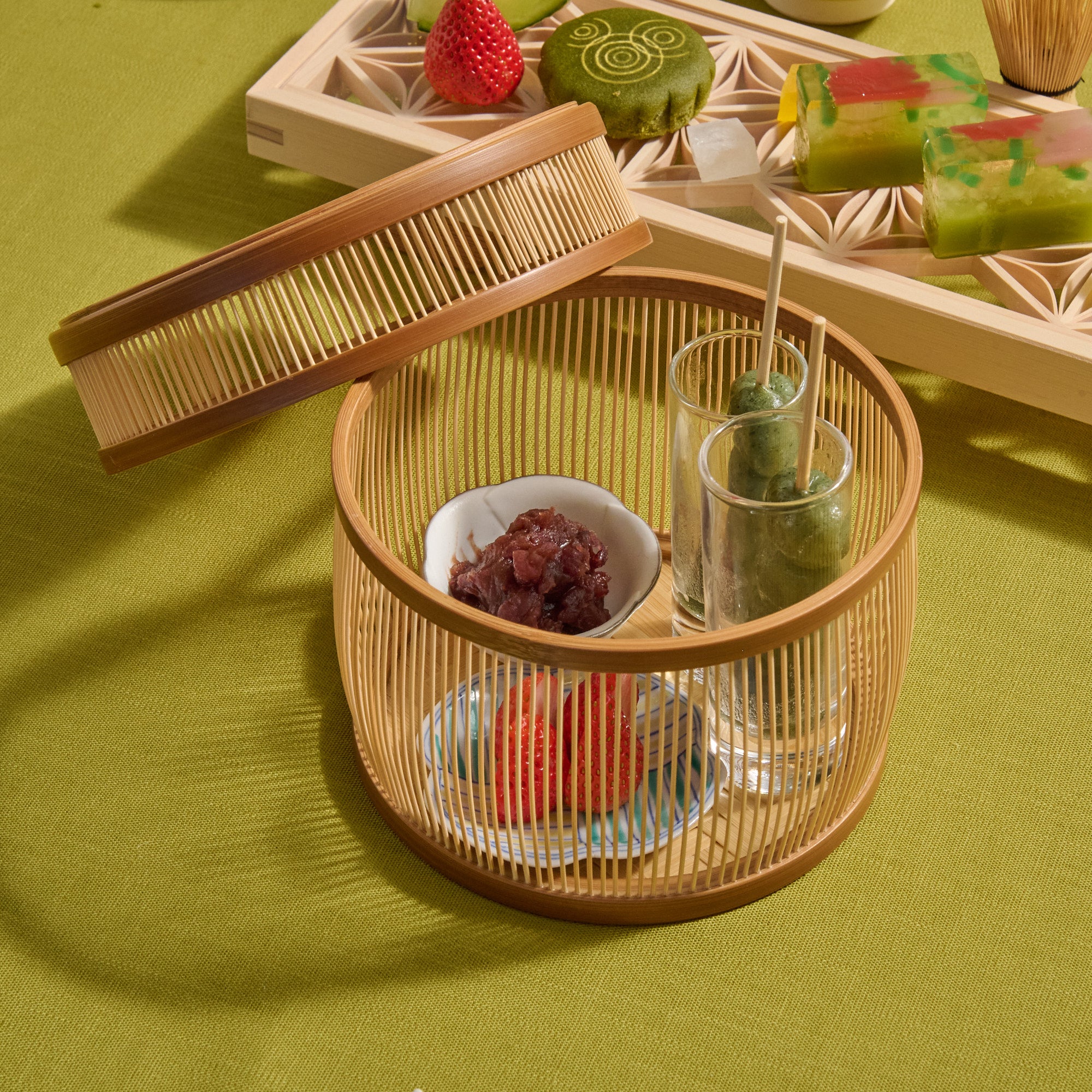 Hexagonal Patterned Cylindrical Basketry Basket with Lid