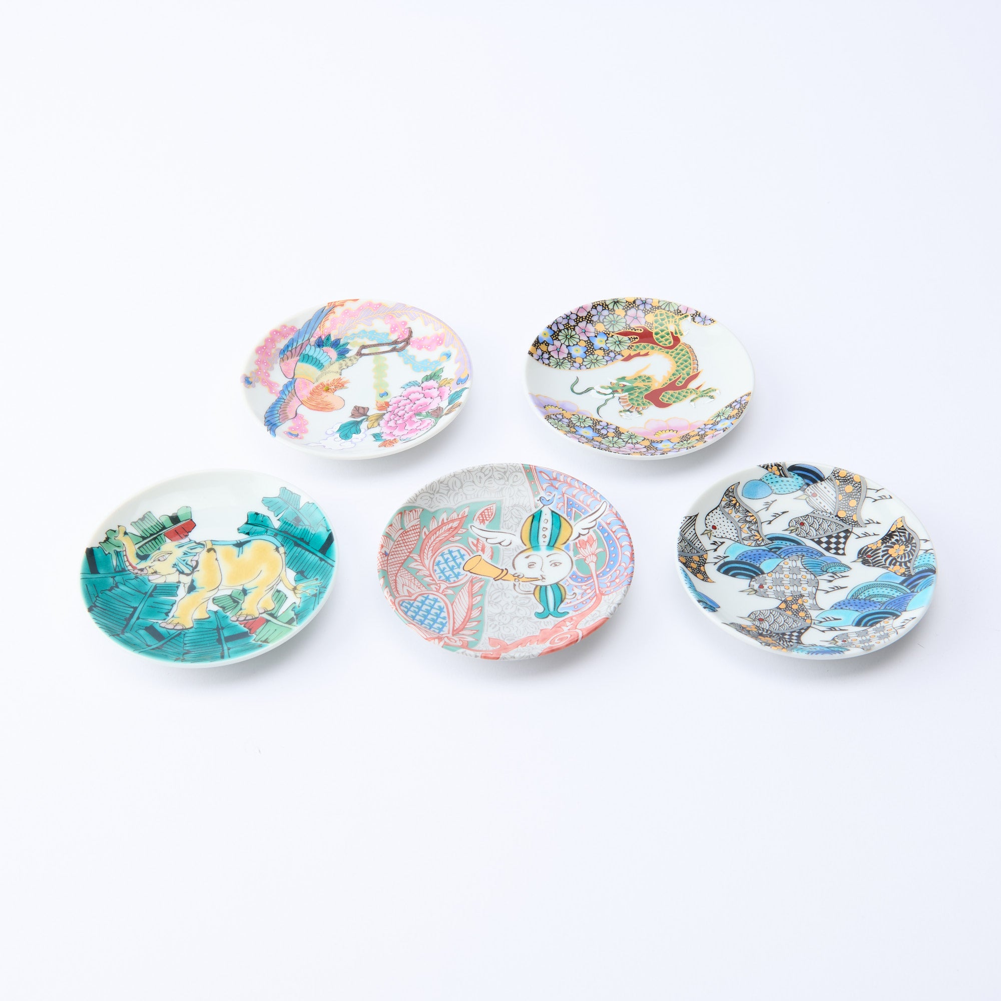 Kutani Art Auspicious Motifs Sauce Plate Set