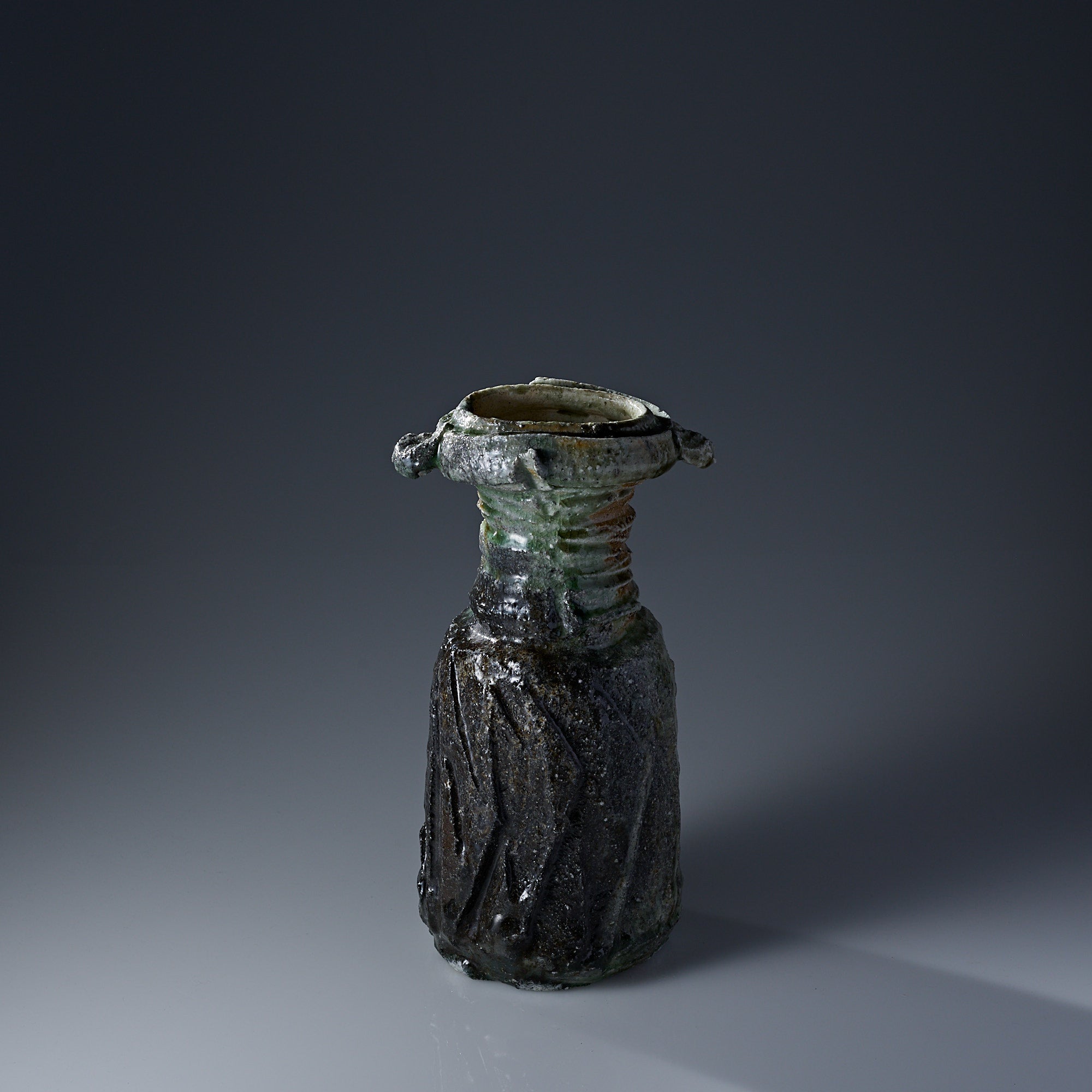 Iga Black Luster Eared Japanese Flower Vase