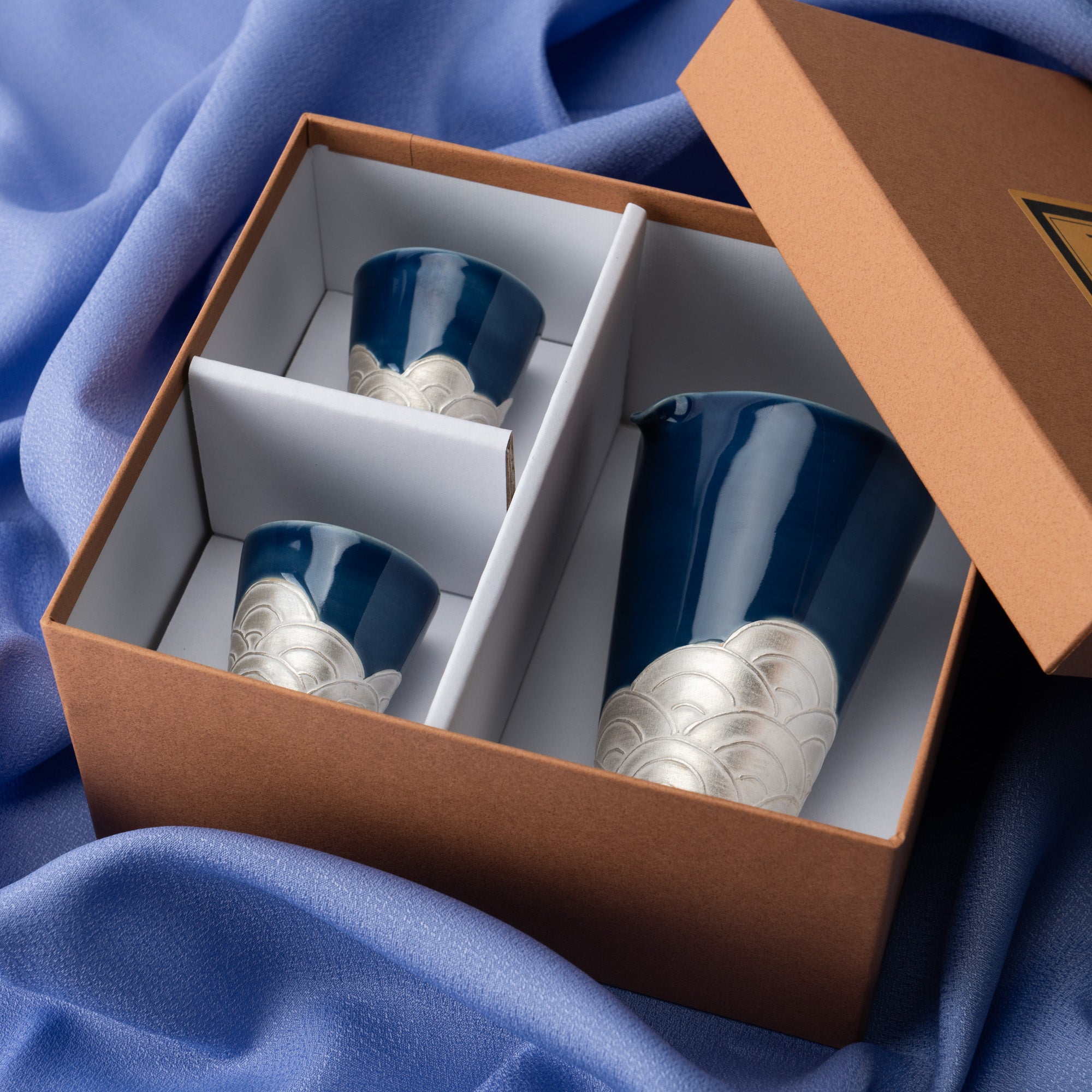 Ginsai Lapis Blue Seigaiha Wave Sake Set