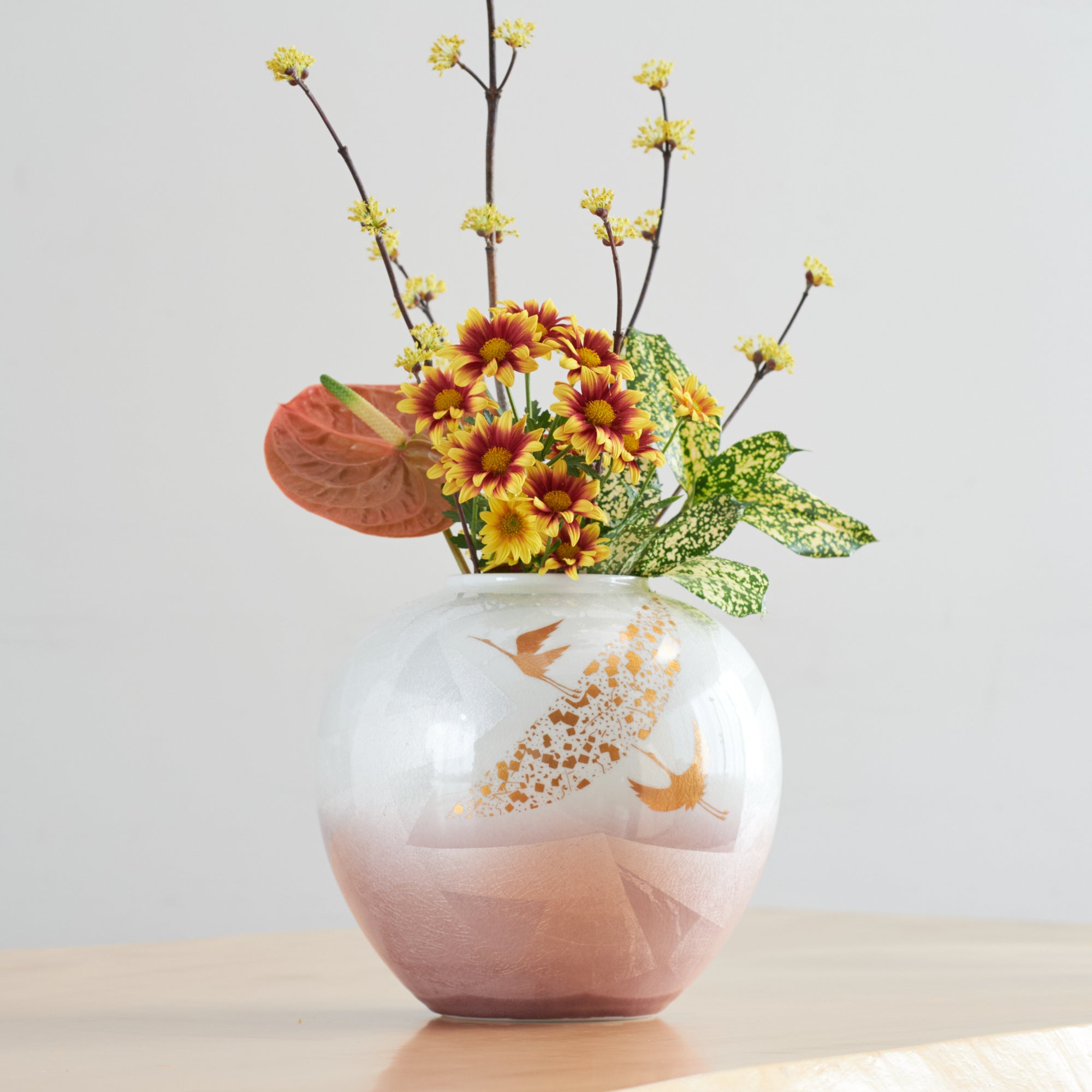 Ginsai Crane Round Japanese Flower Vase 8.1 IN