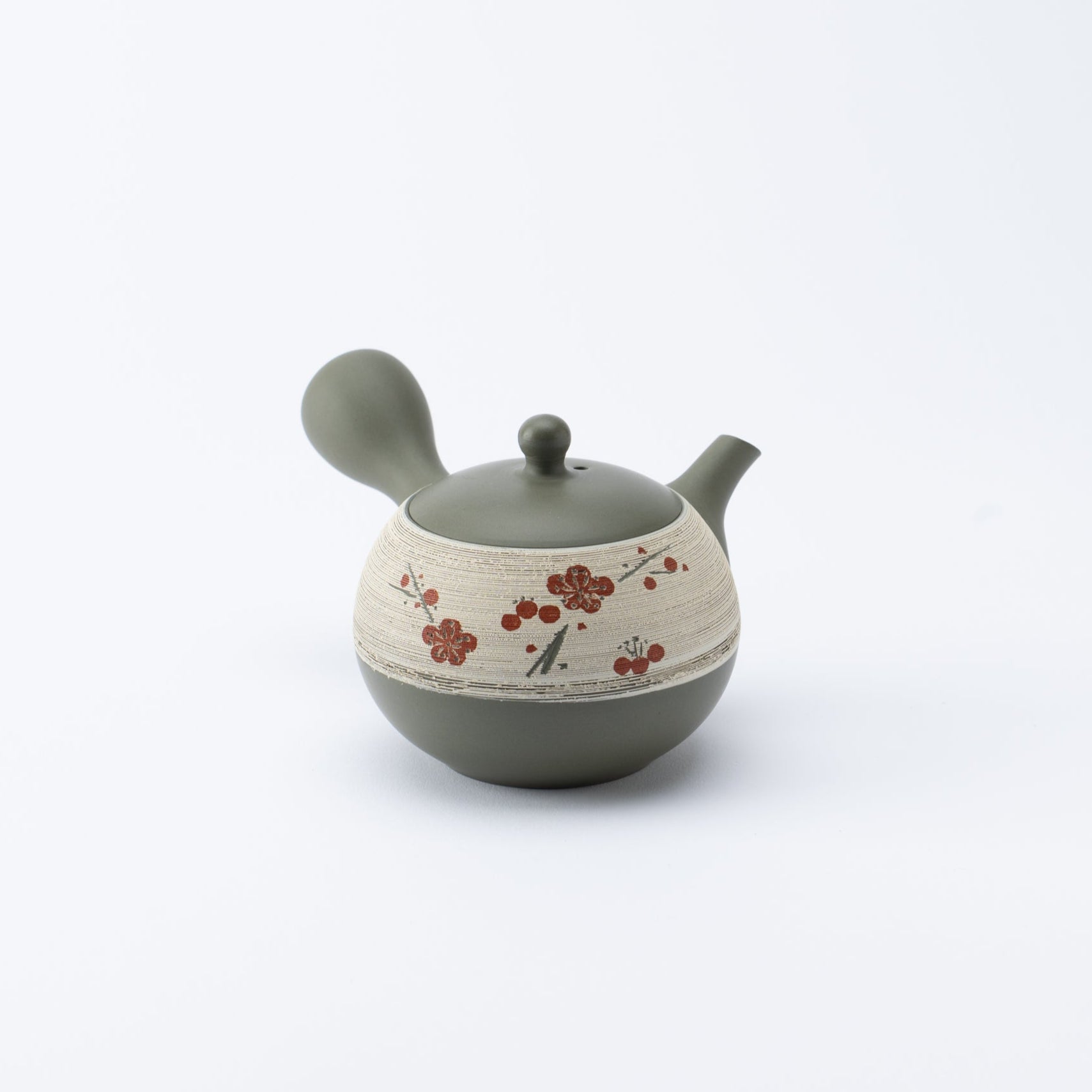 Tetera japonesa de arcilla verde ciruela y corteza de pino