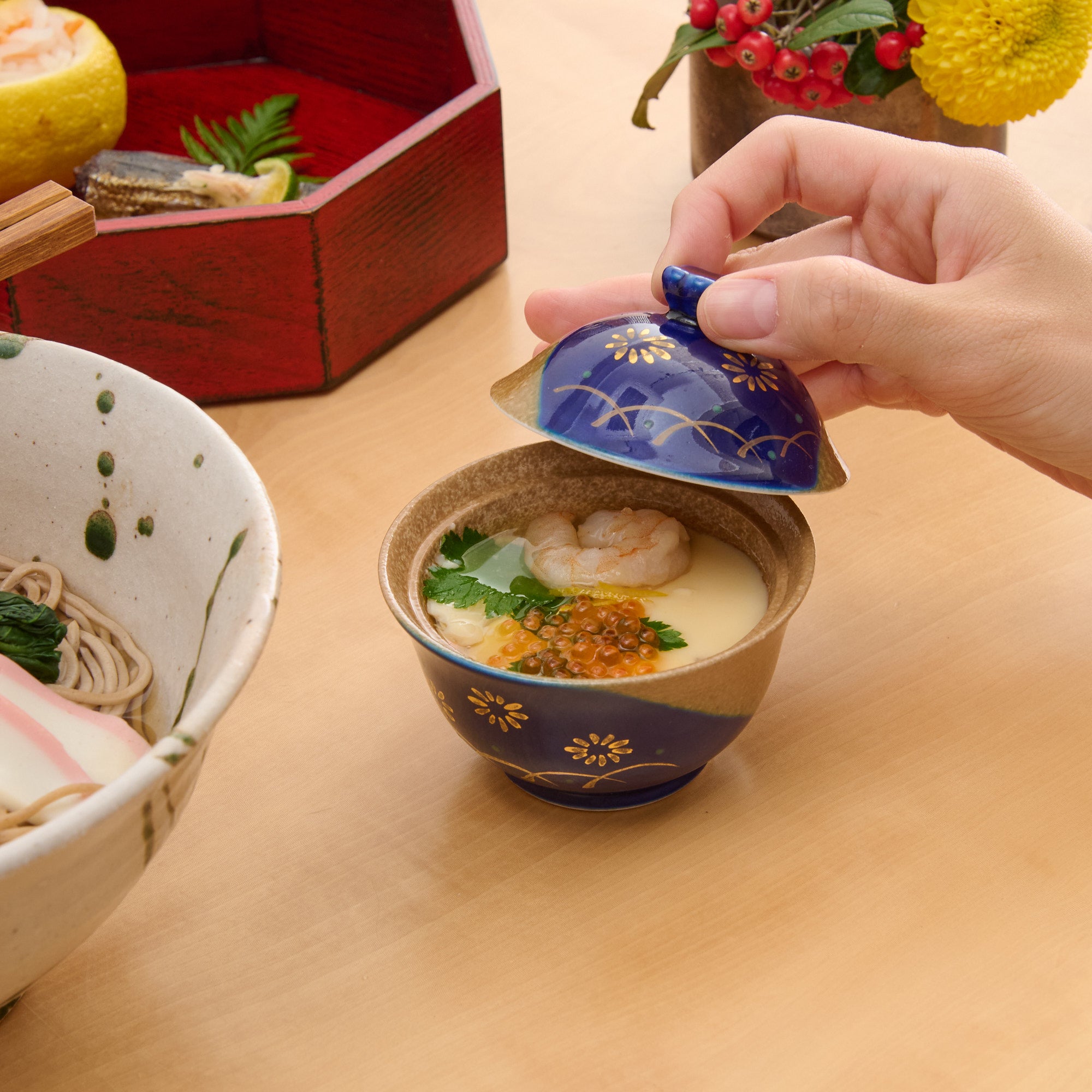 Blue Glaze Gold Chrysanthemum Chawanmushi Bowl