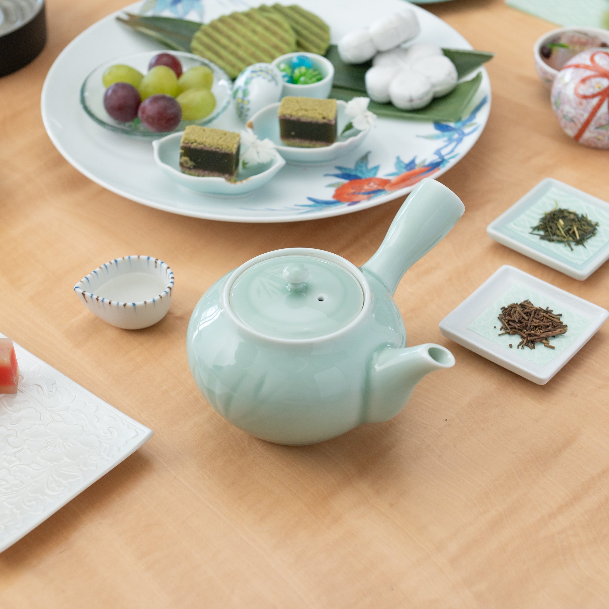 Slender Bamboo Celadon Japanese Teapot