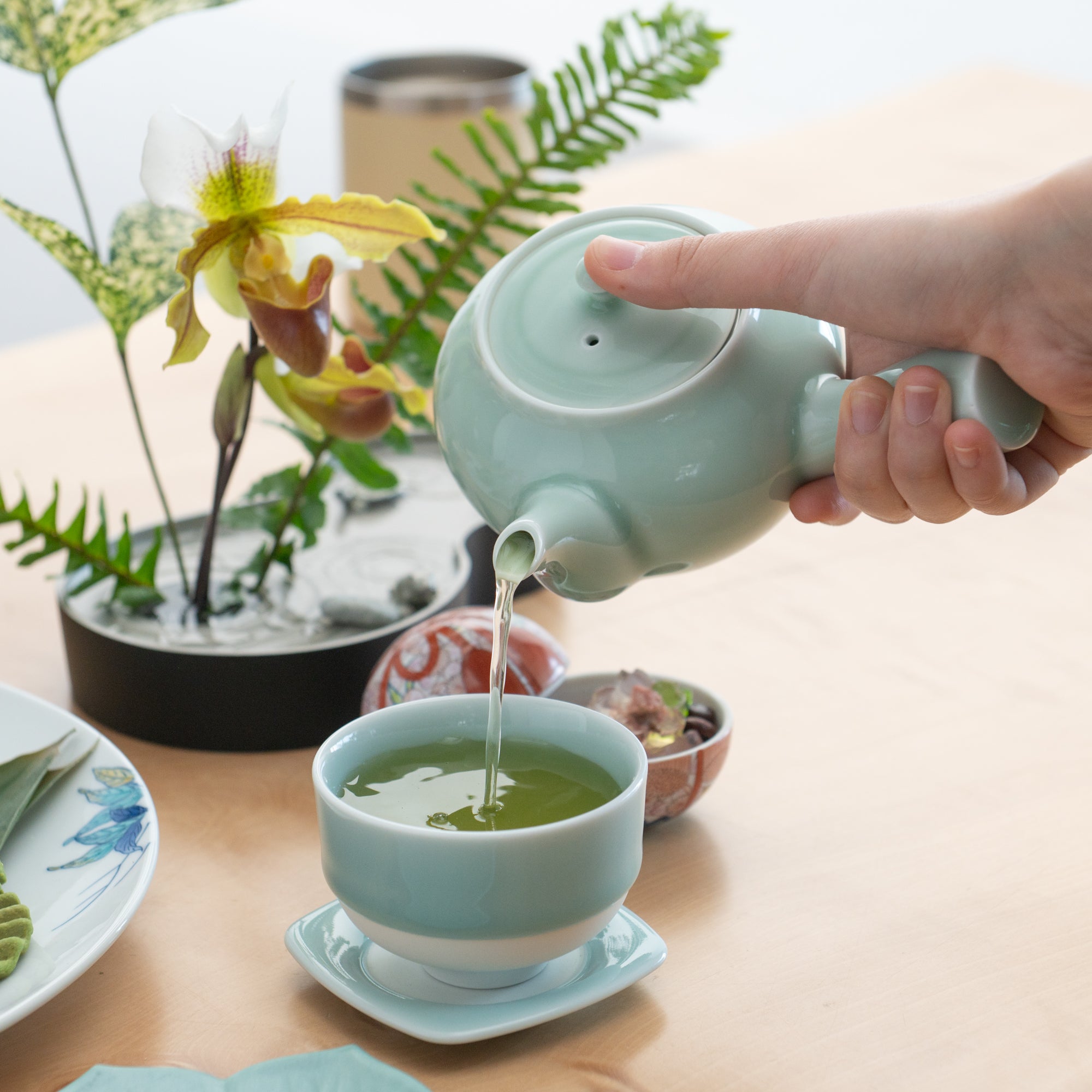 Slender Bamboo Celadon Japanese Teapot