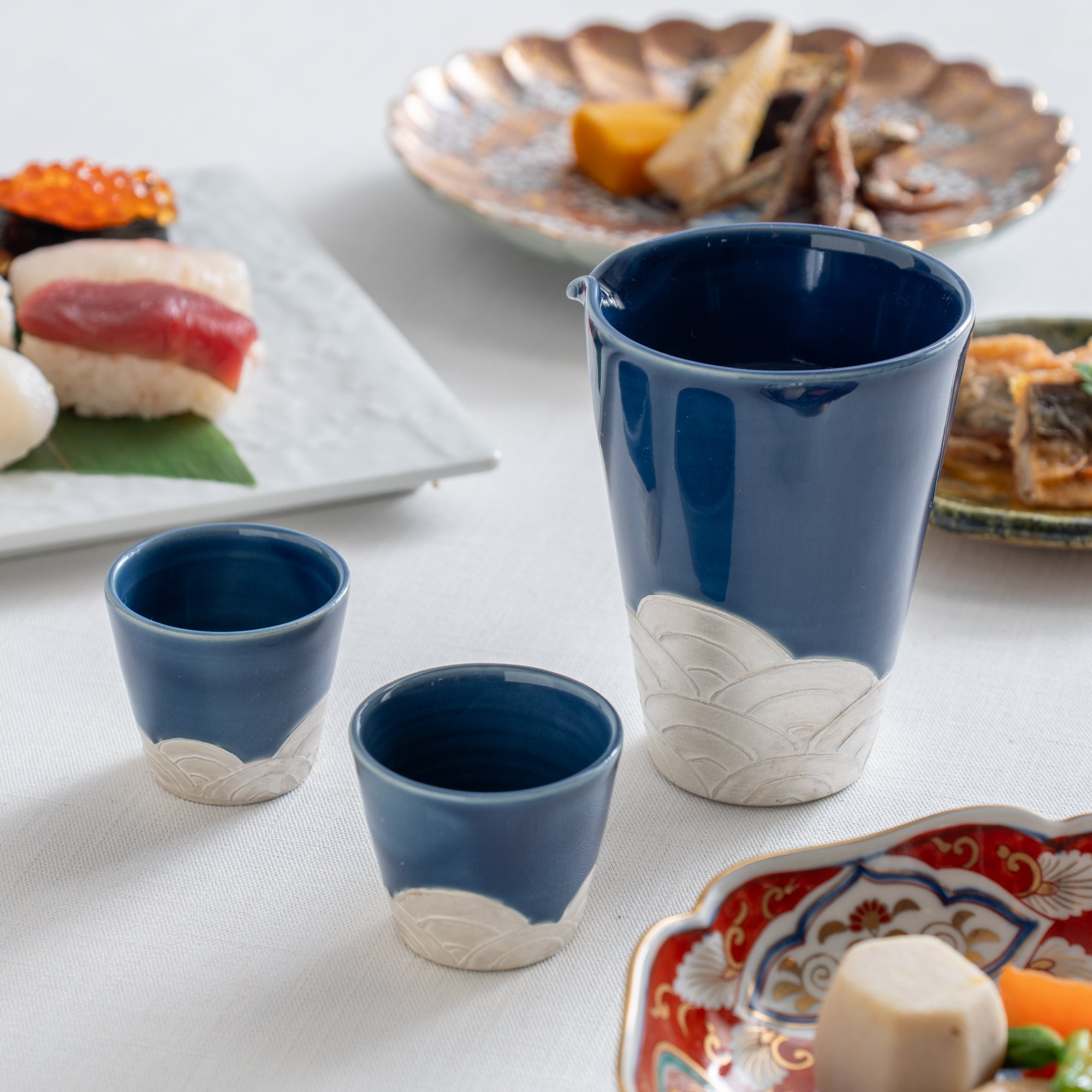 Ginsai Lapis Blue Seigaiha Wave Sake Set