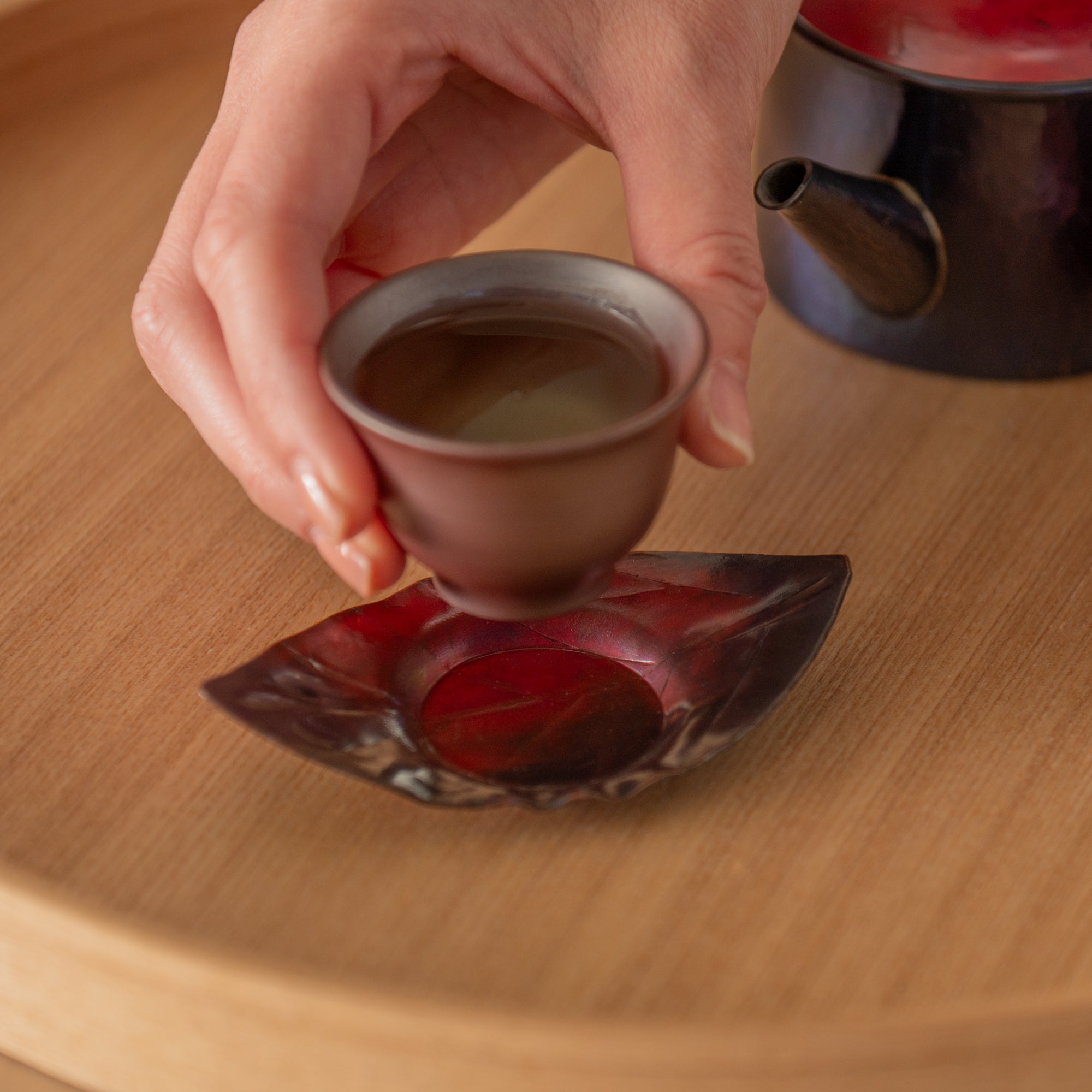 Red Leaf-Shaped Teacup Saucer