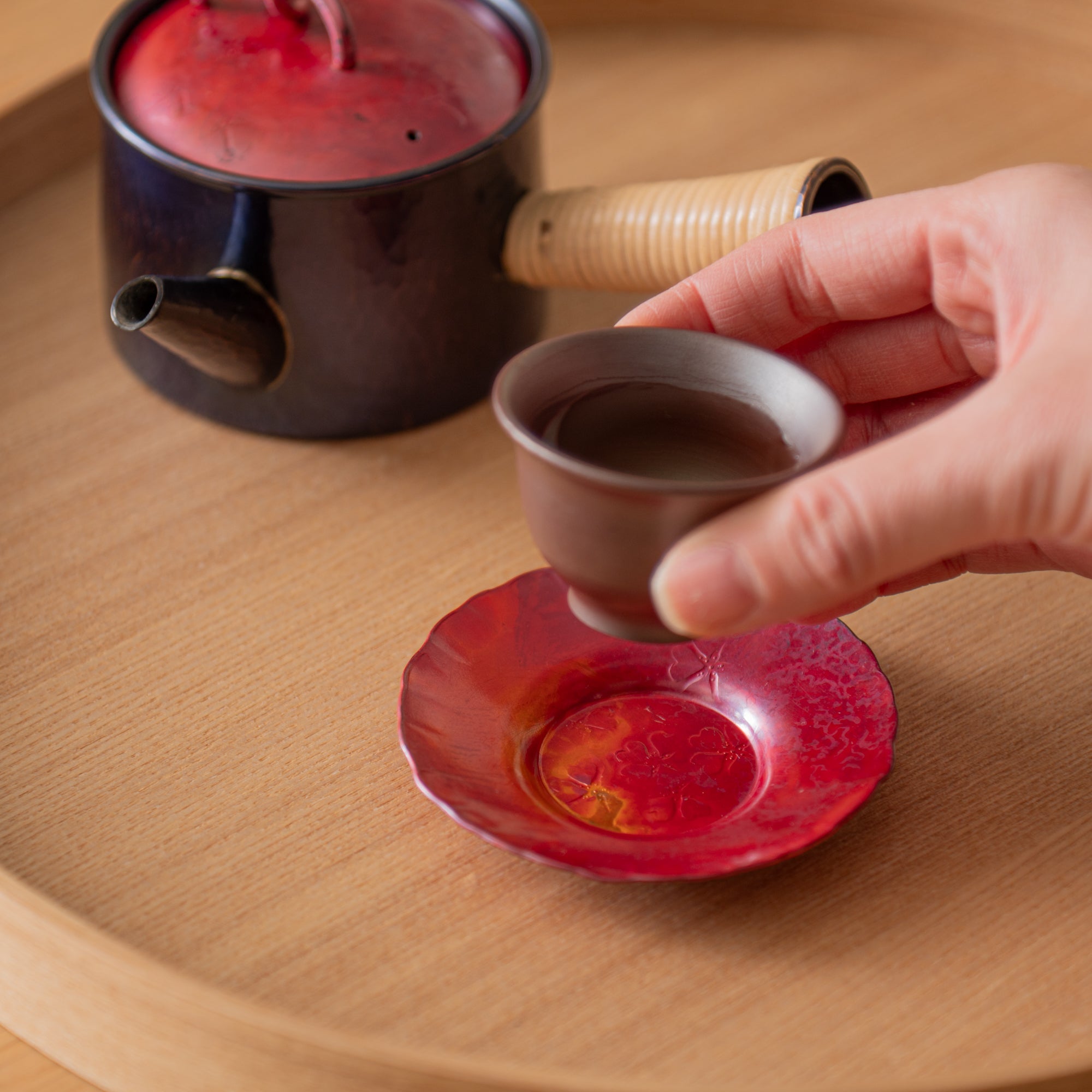 Red Sakura-Pattern Round Teacup Saucer