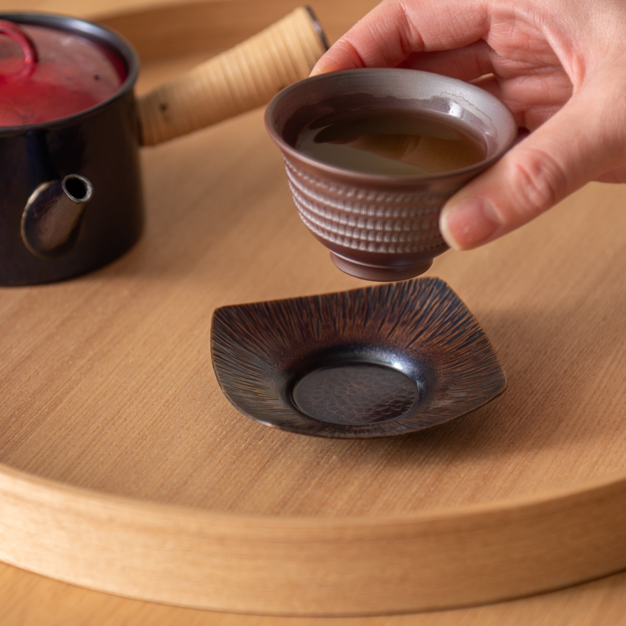Square Indigo Blue And Golden Brown Teacup Saucer