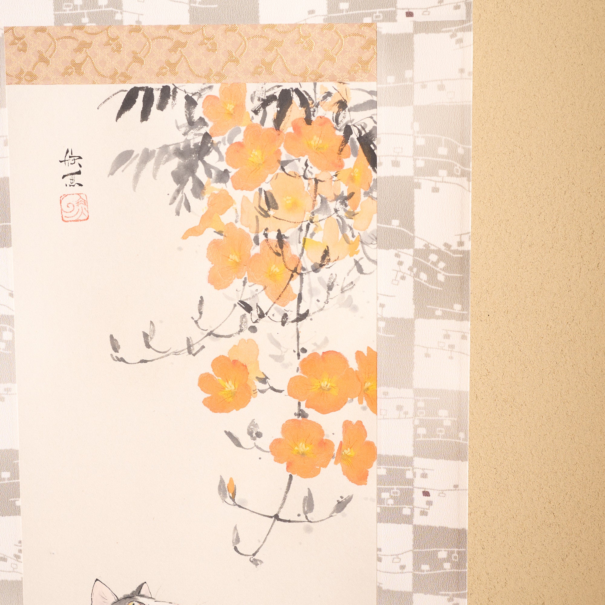Cat and Trumpet Vine Kakejiku Hanging Scroll