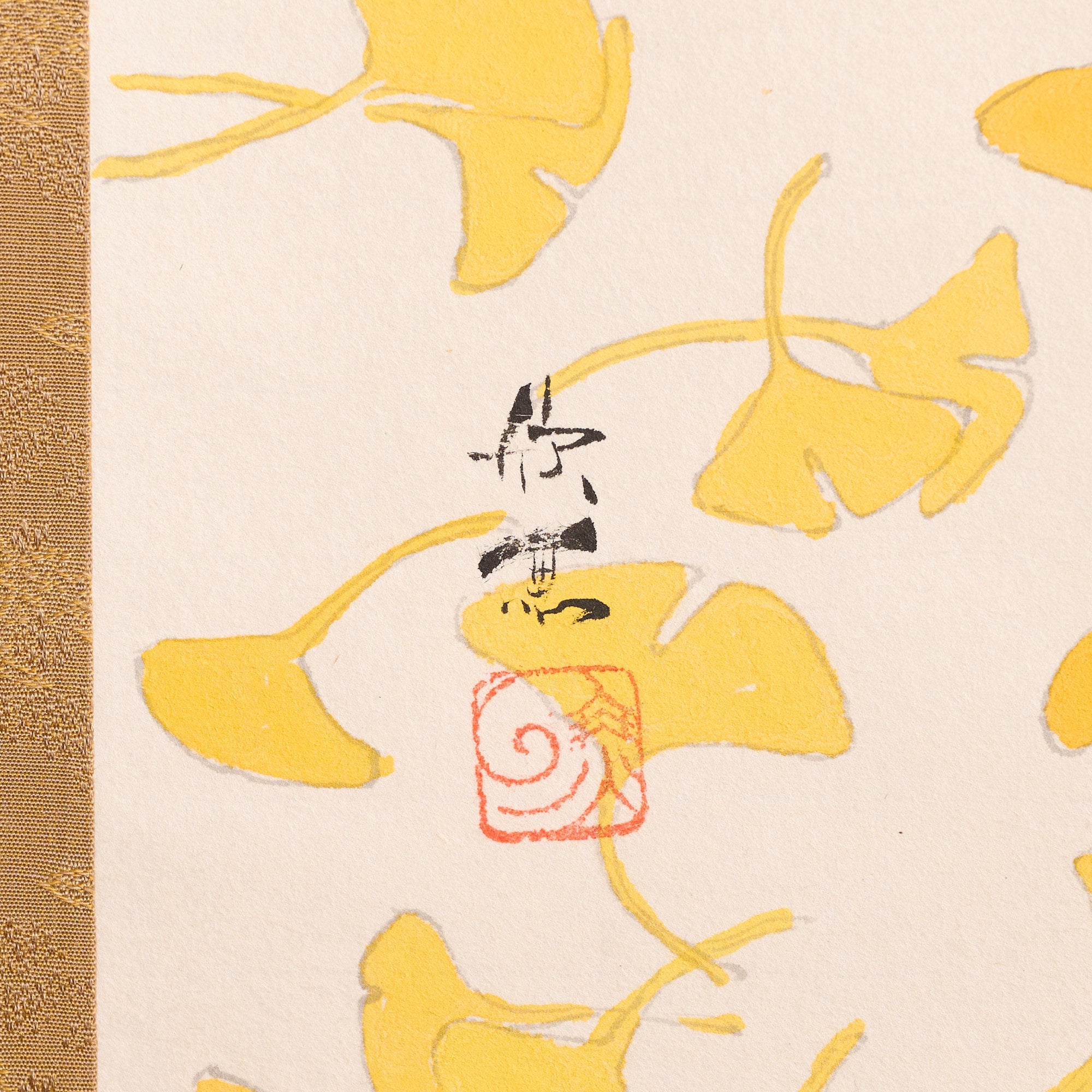 Cat and Ginkgo Leaves Kakejiku Hanging Scroll