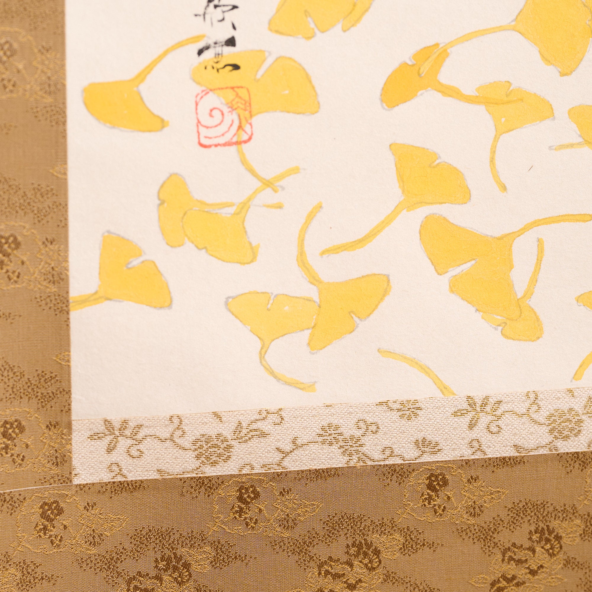 Cat and Ginkgo Leaves Kakejiku Hanging Scroll