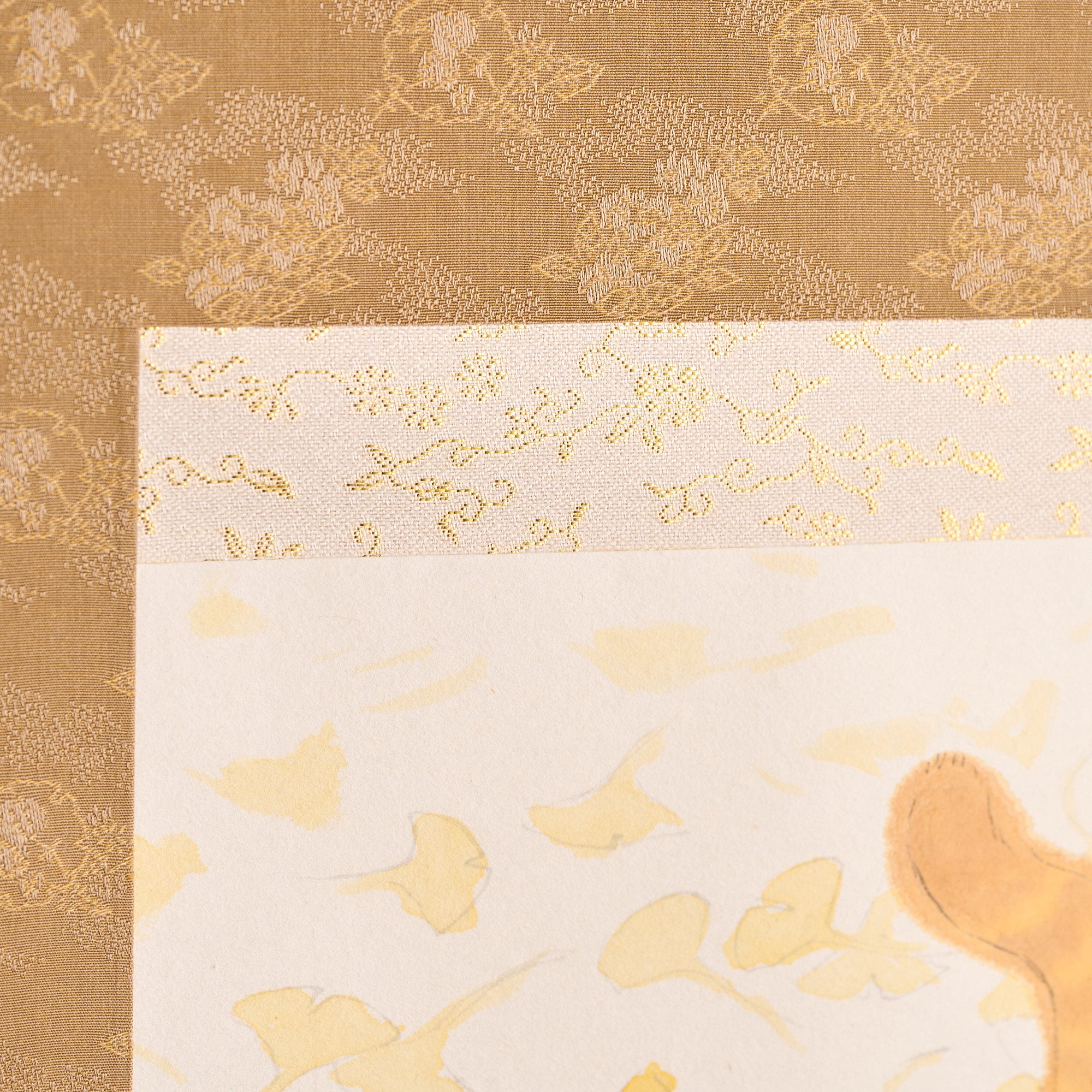 Cat and Ginkgo Leaves Kakejiku Hanging Scroll