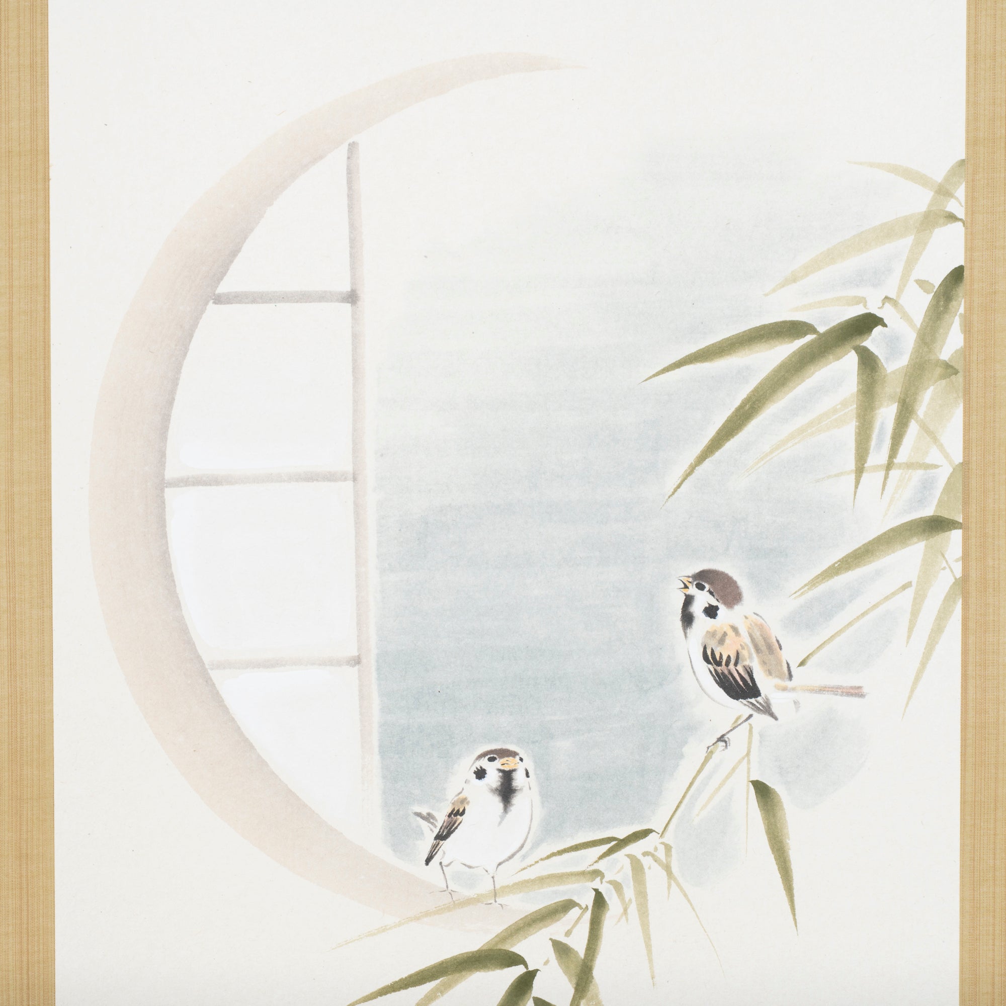 Sparrows and Bamboo with Calligraphy Kakejiku Hanging Scroll