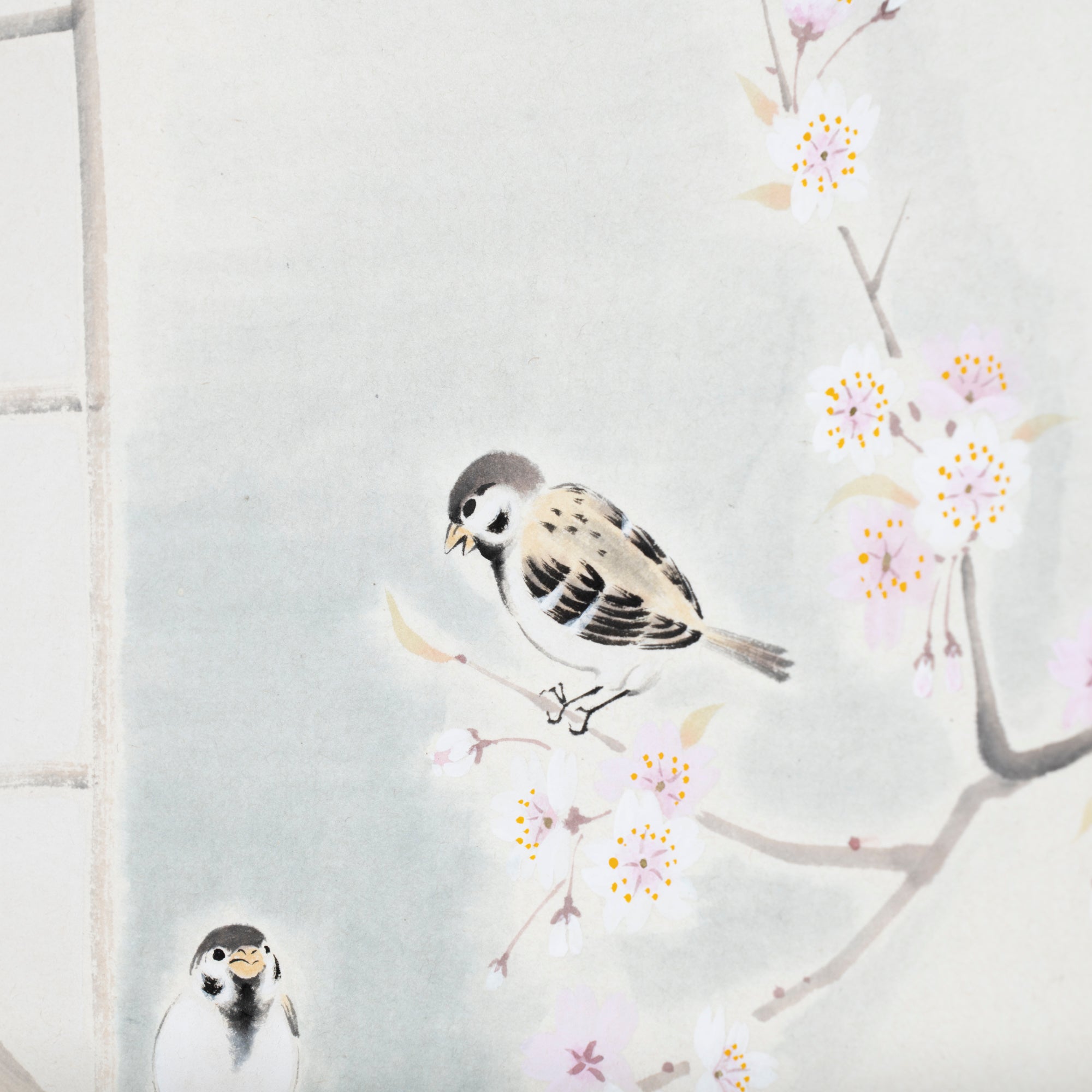 Sparrows and Sakura with Calligraphy Kakejiku Hanging Scroll
