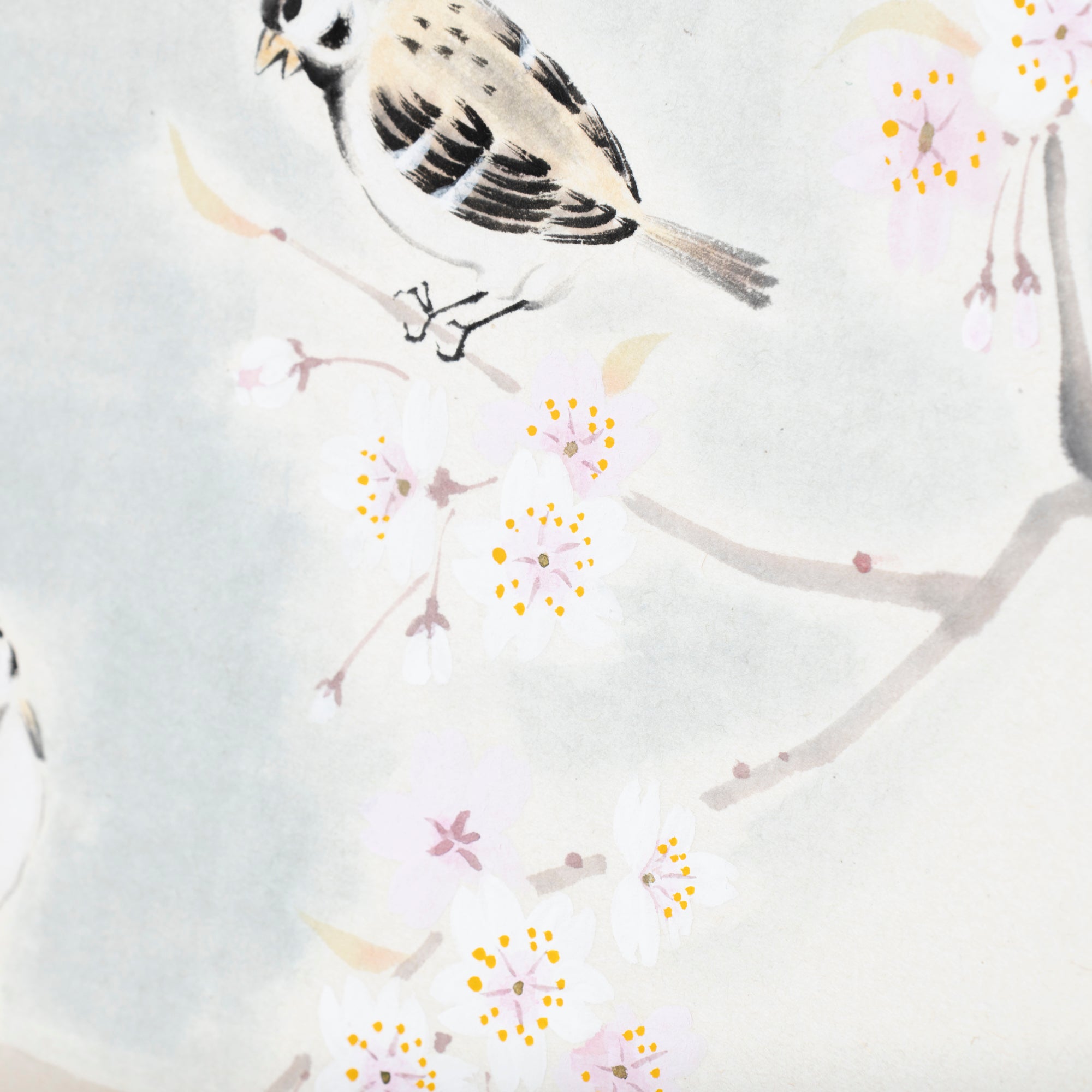 Sparrows and Sakura with Calligraphy Kakejiku Hanging Scroll