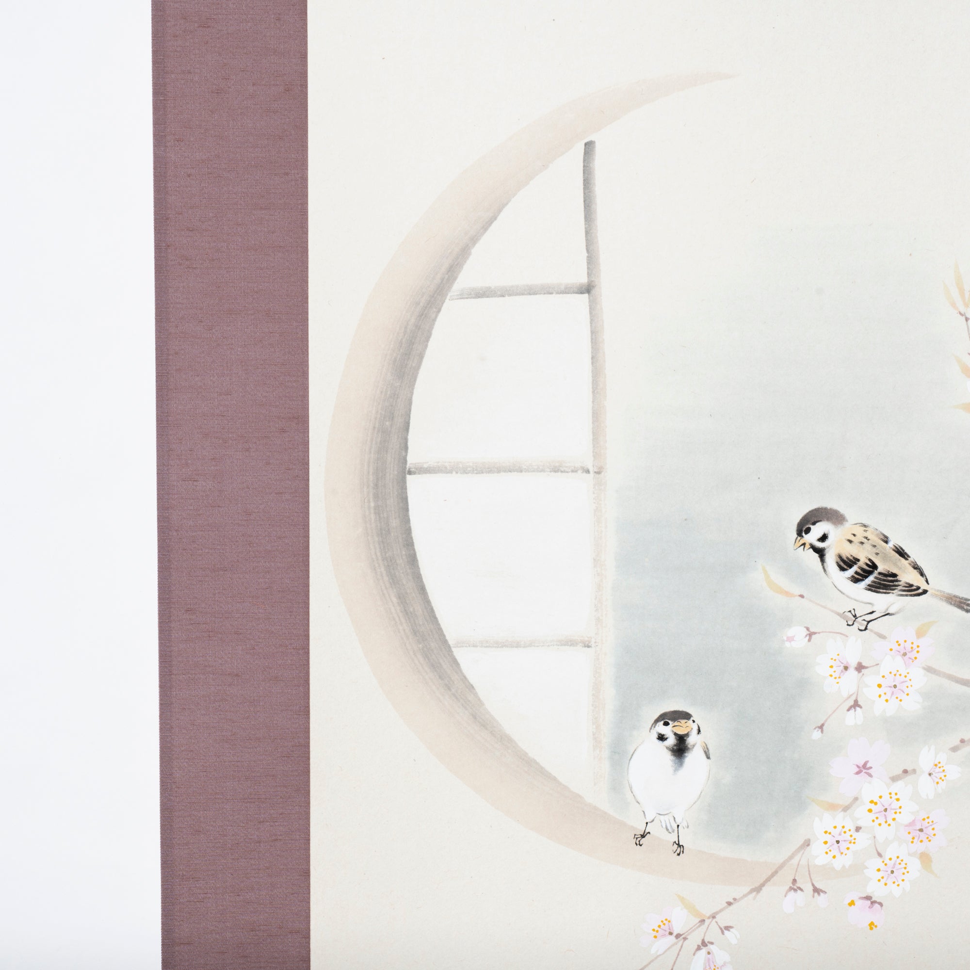 Sparrows and Sakura with Calligraphy Kakejiku Hanging Scroll