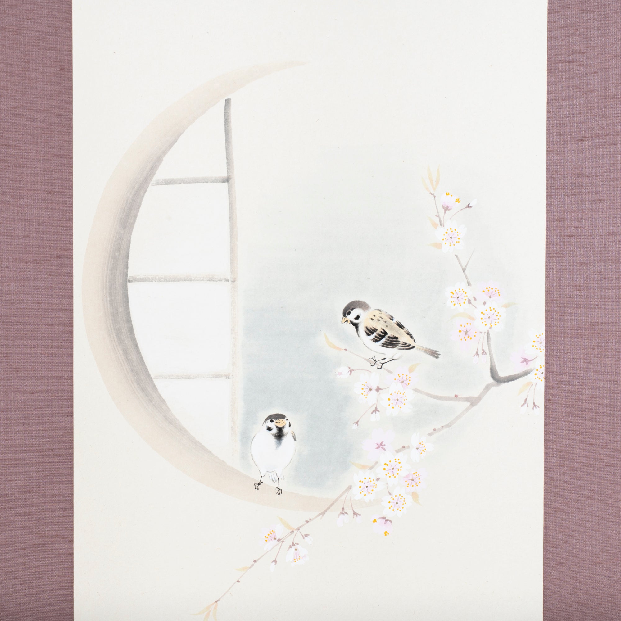 Sparrows and Sakura with Calligraphy Kakejiku Hanging Scroll