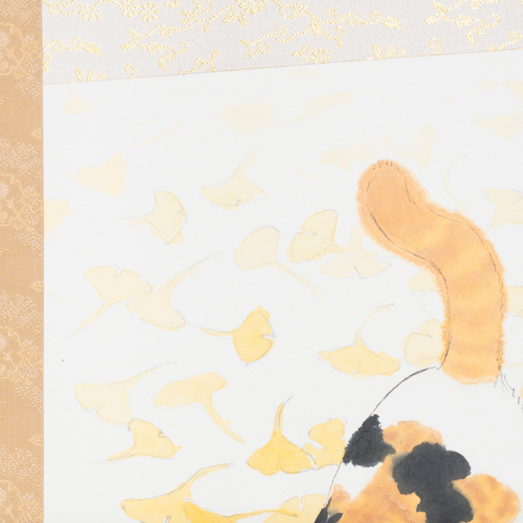 Cat and Ginkgo Leaves Kakejiku Hanging Scroll
