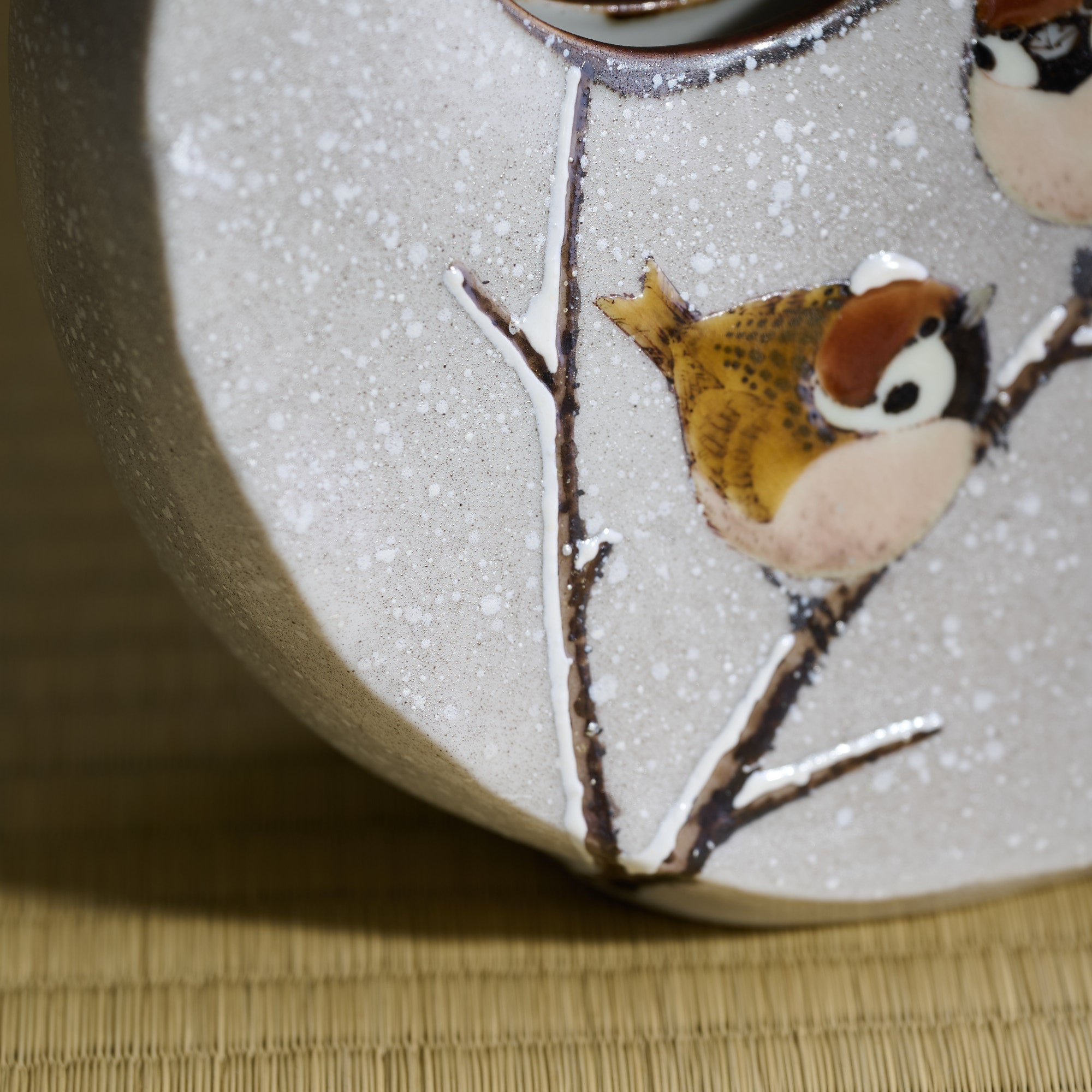 Snow and Sparrows Round-Window Japanese Flower Vase