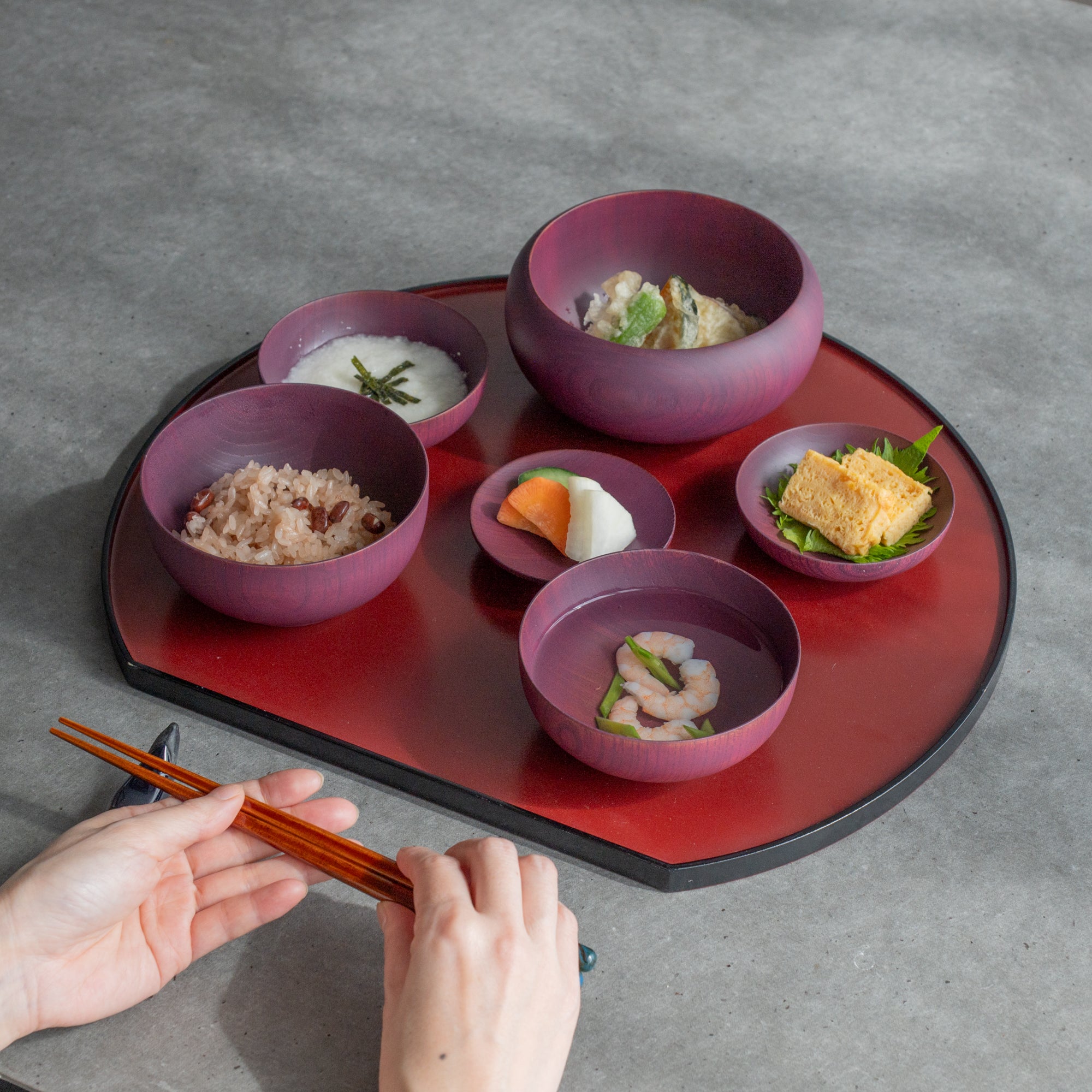 Purple Matte Wipe-lacquer Finish Oryoki Bowl Set