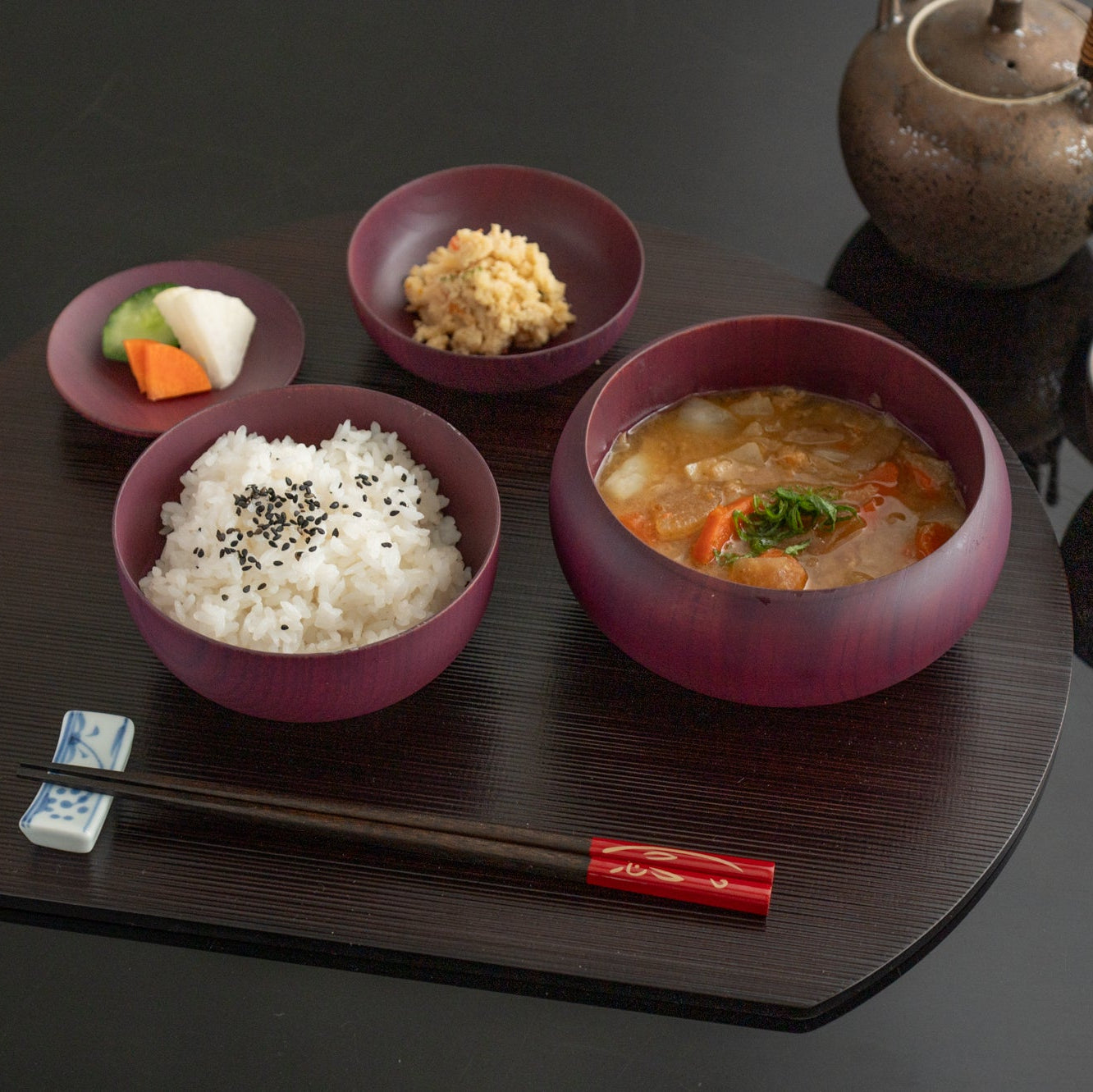 Purple Matte Wipe-lacquer Finish Oryoki Bowl Set