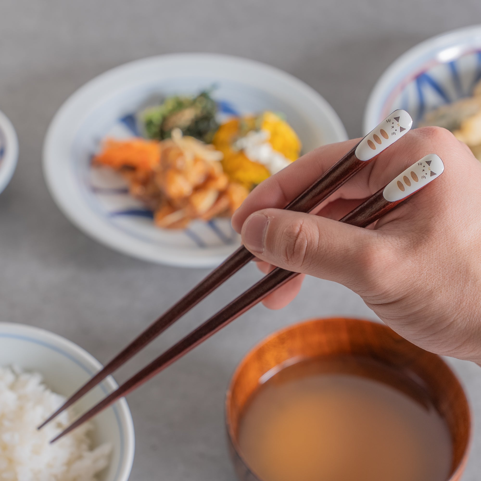 Essstäbchenpaar mit Katzenmuster Satz mit Essstäbchenablagen