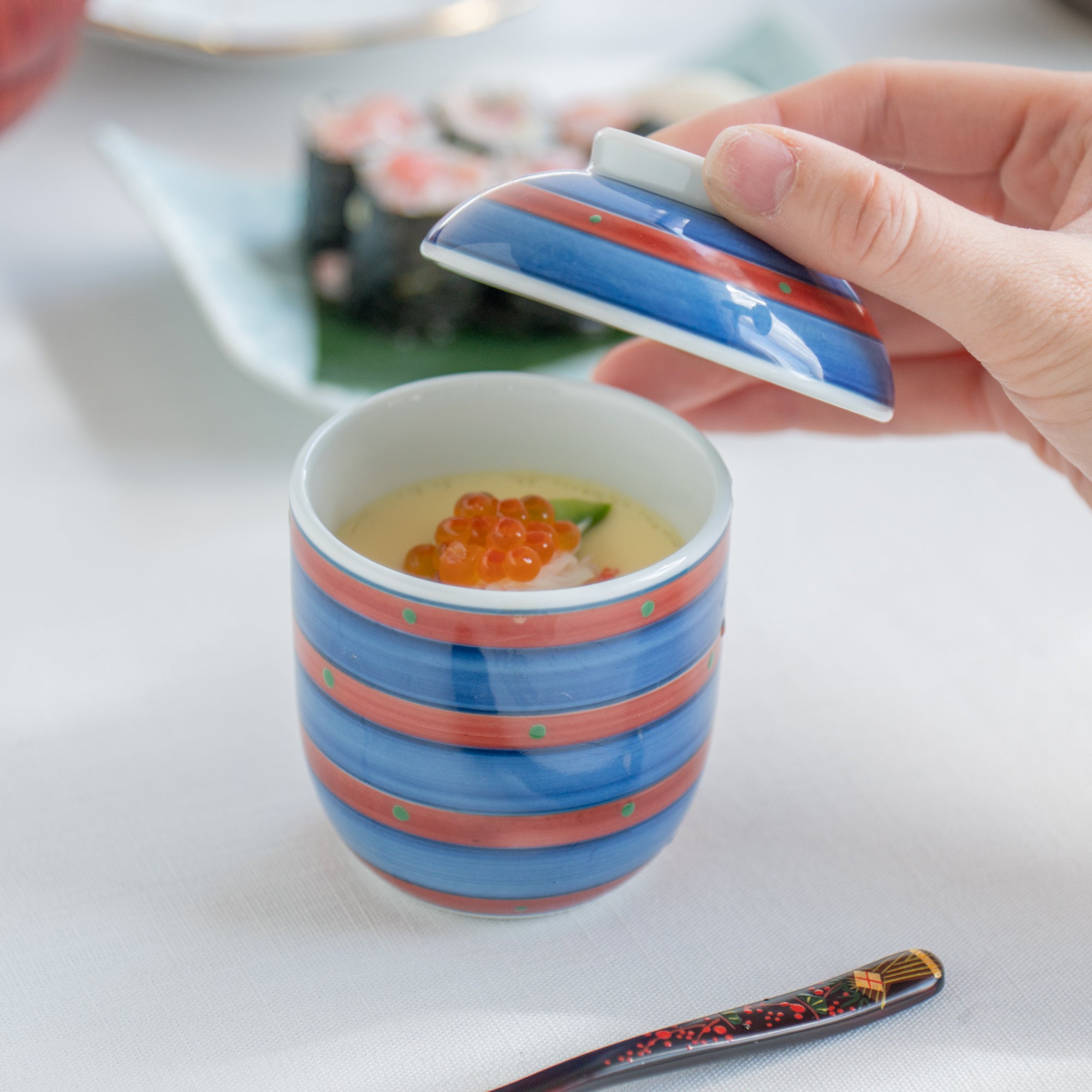Gosu Blue and Red Line Chawanmushi Bowl
