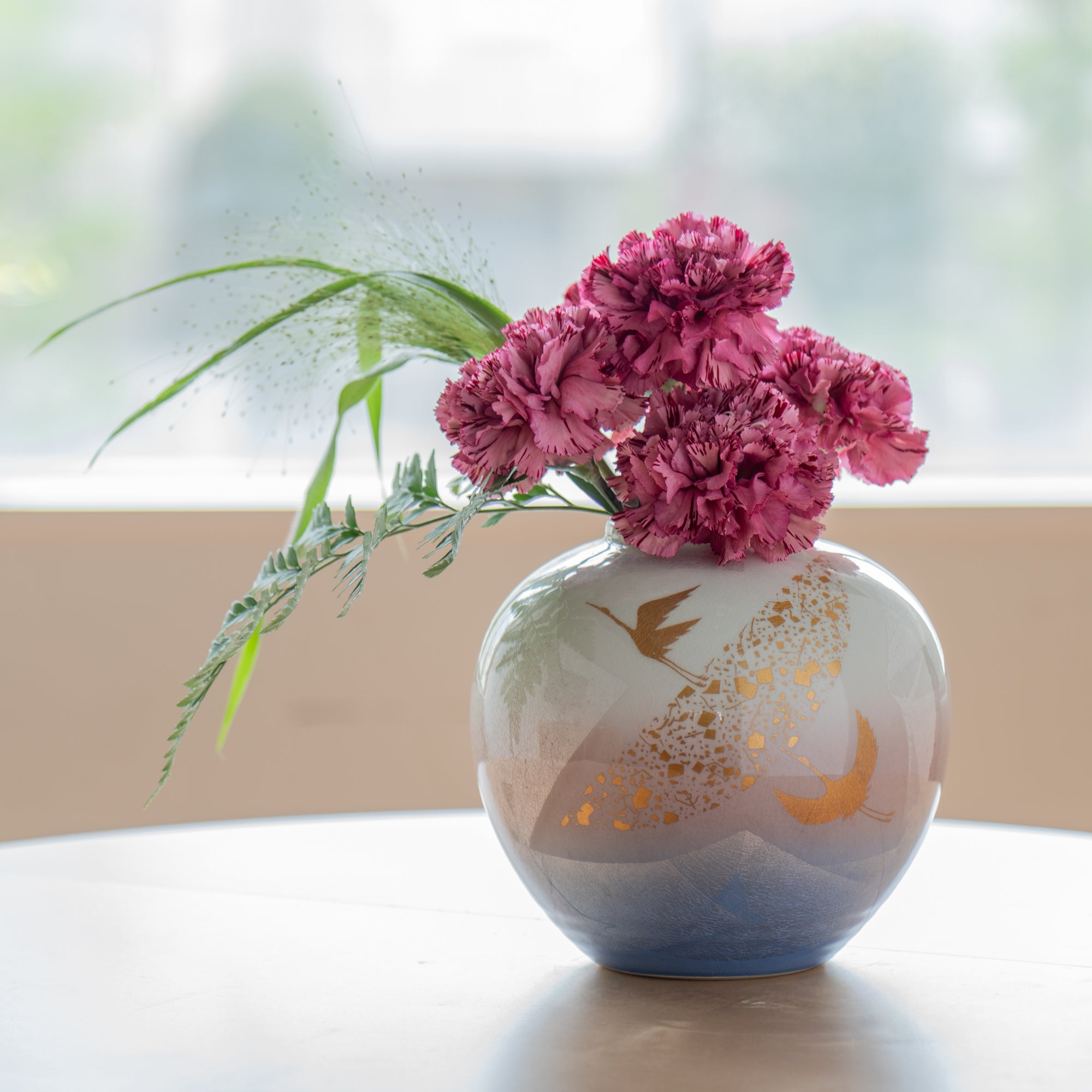 Ginsai Crane Round Japanese Flower Vase 6.9 IN