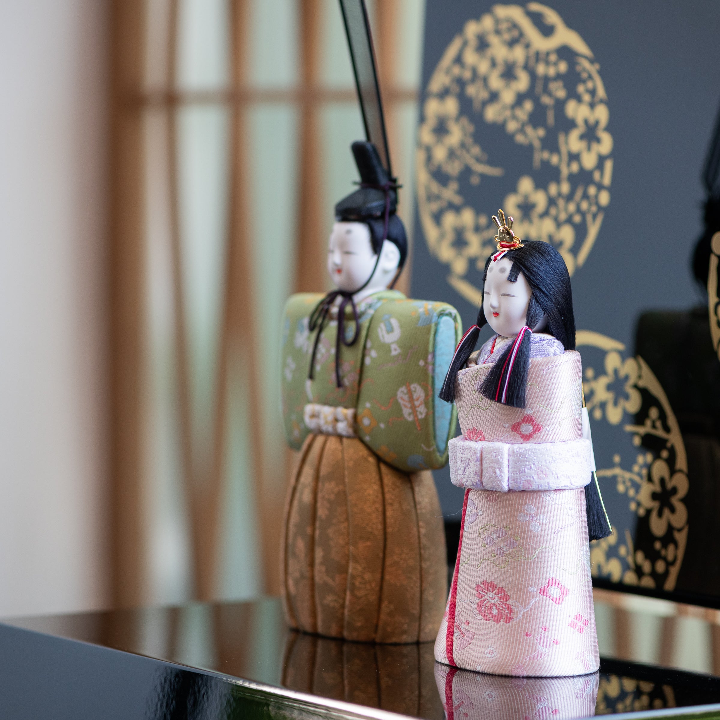 Standing Hina Dolls with Maki-e Plum Blossom Screen
