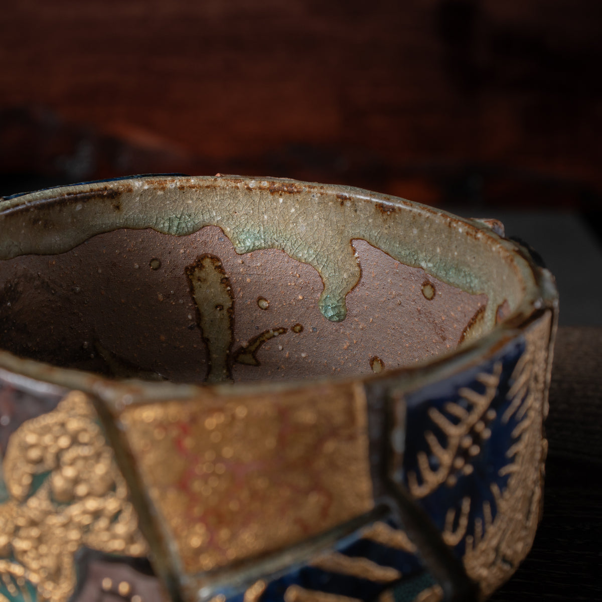 Gold Auspicious Motifs Paneled Plant Pot