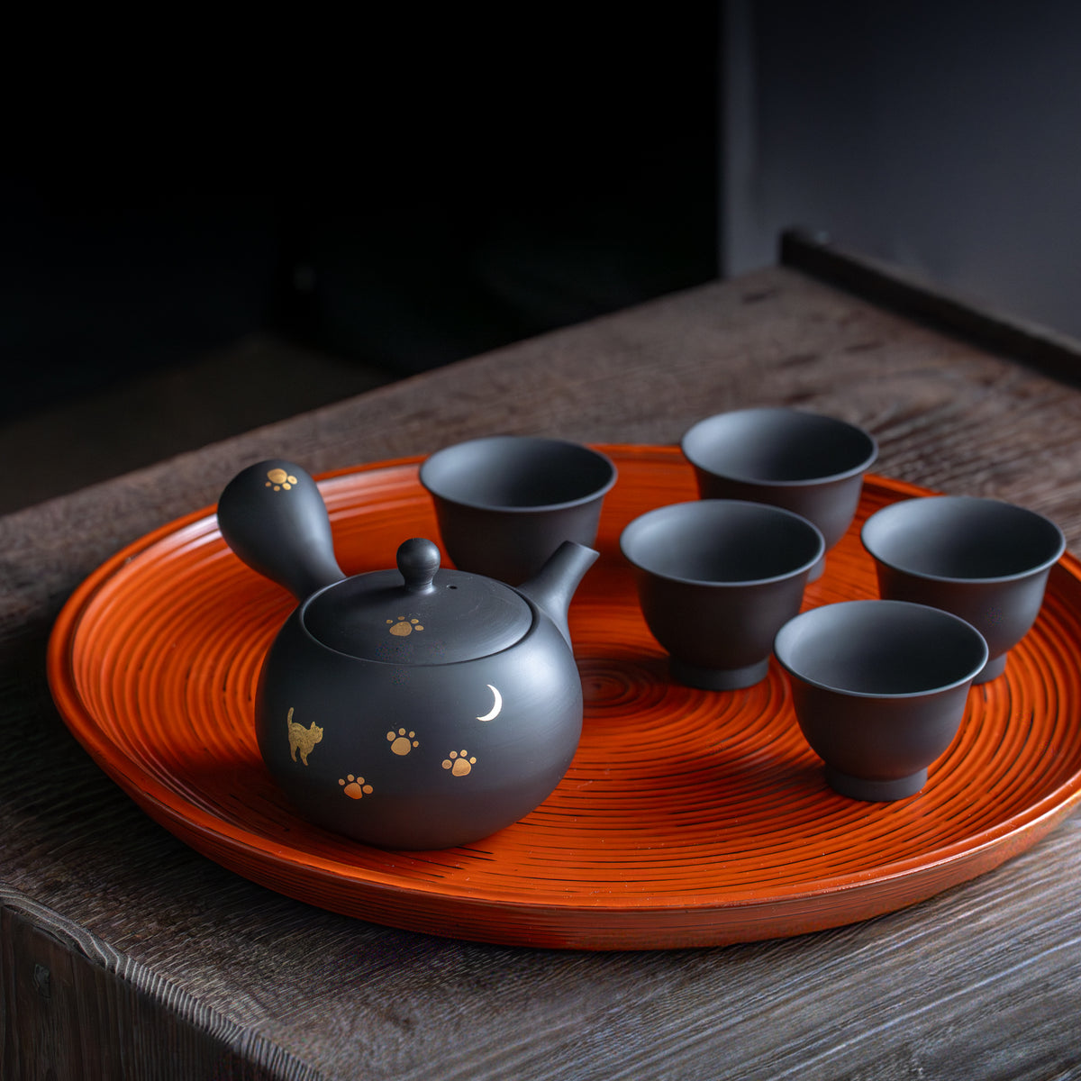Moon and Cat Footprint Decorated Japanese Tea Set