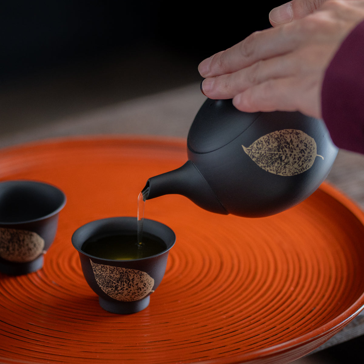 Leaf Patterned Black Japanese Tea Set