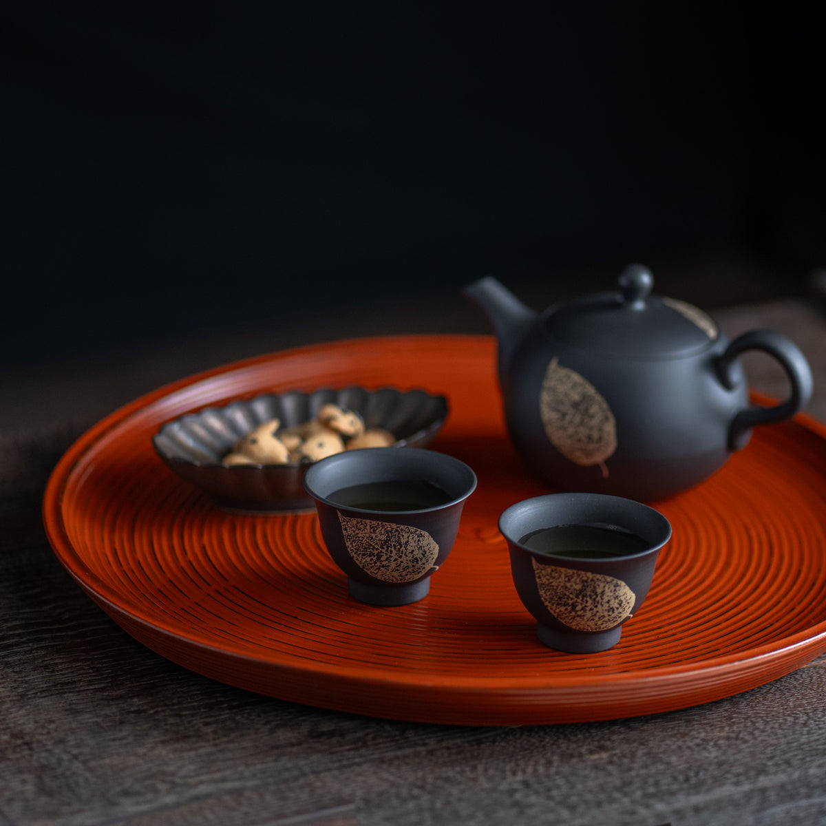 Leaf Patterned Black Japanese Tea Set