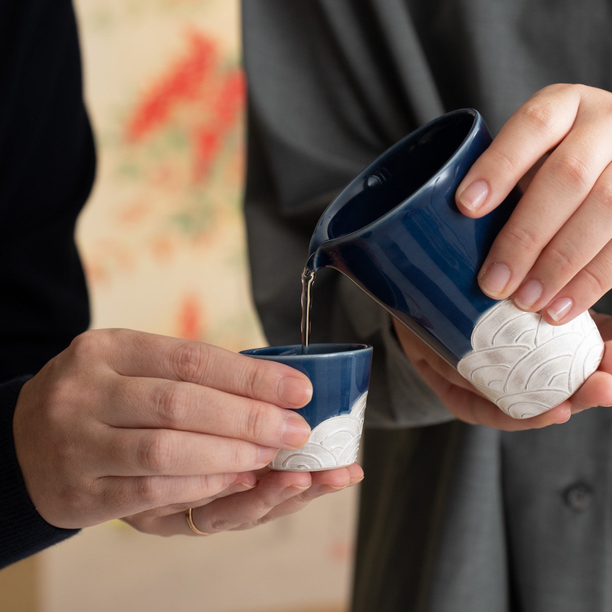 Ginsai Lapis Blue Seigaiha Wave Sake Set