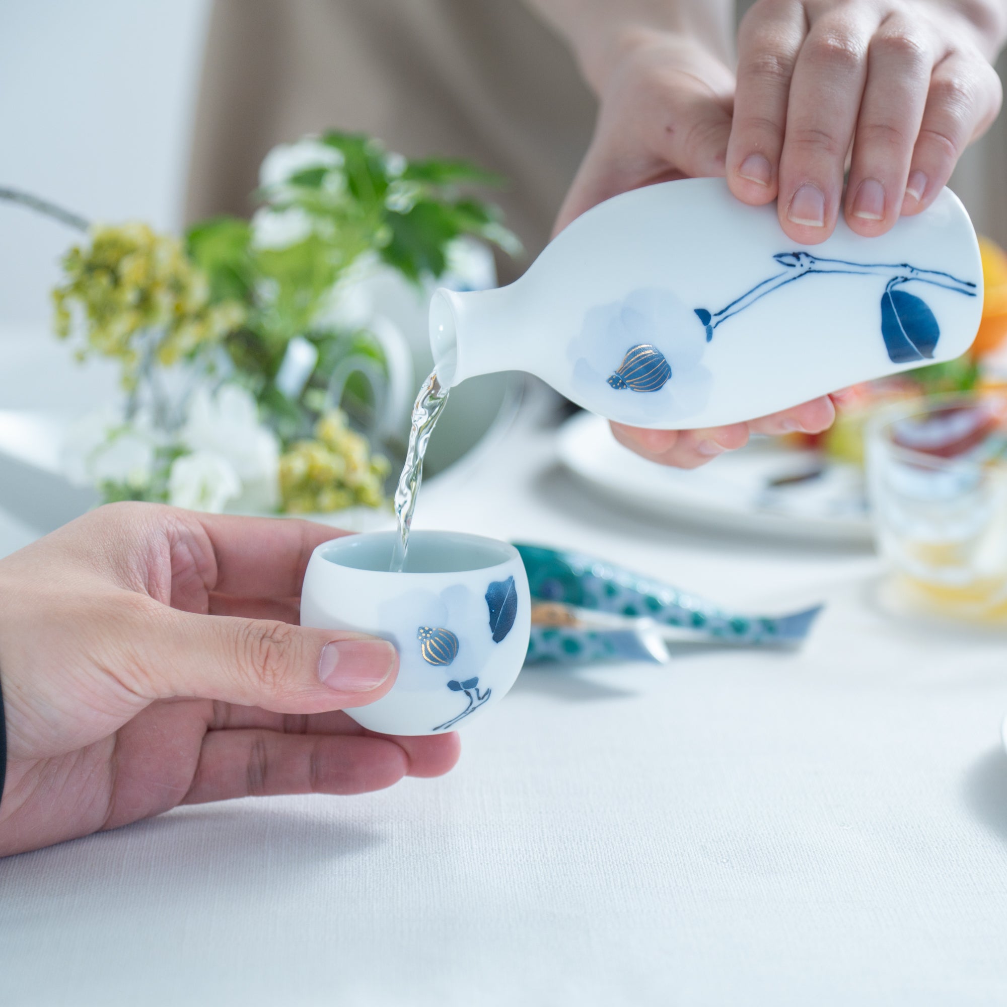 Blue Flower Camellia Guinomi Sake Cup