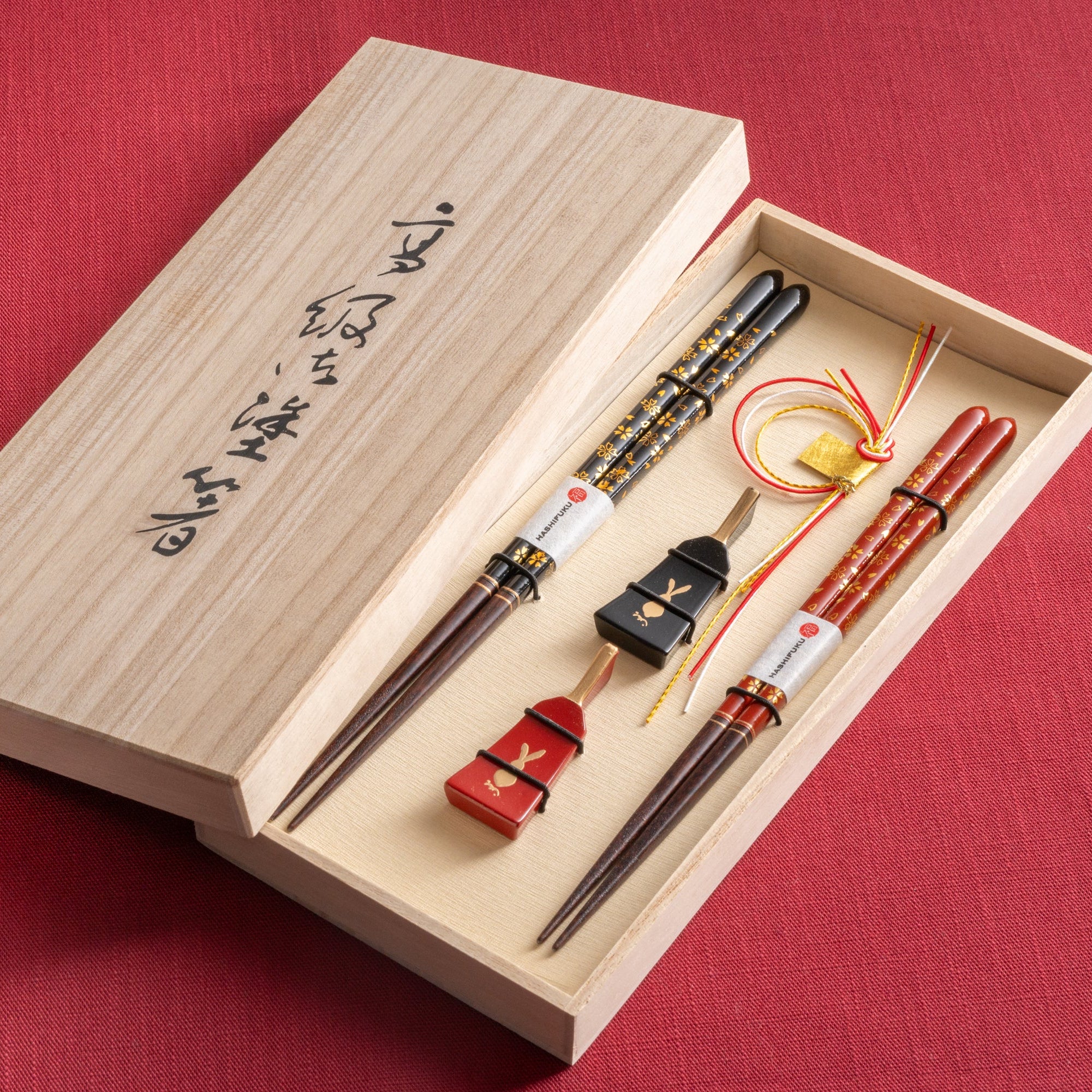 Black and Red Cherry Blossoms Chopsticks Pair Set with Chopstick Rests