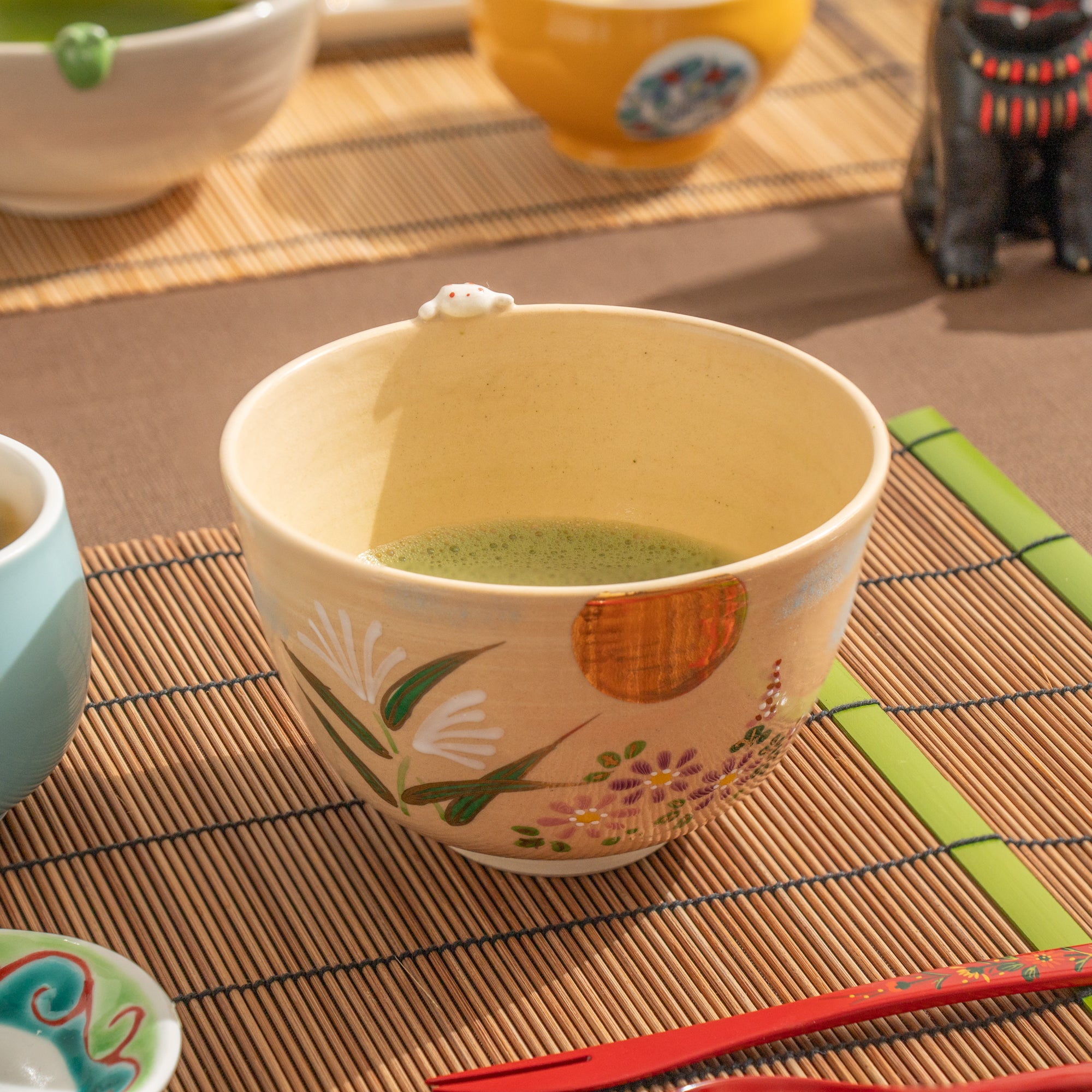 Autumn Plants and Peeking Rabbit Matcha Bowl