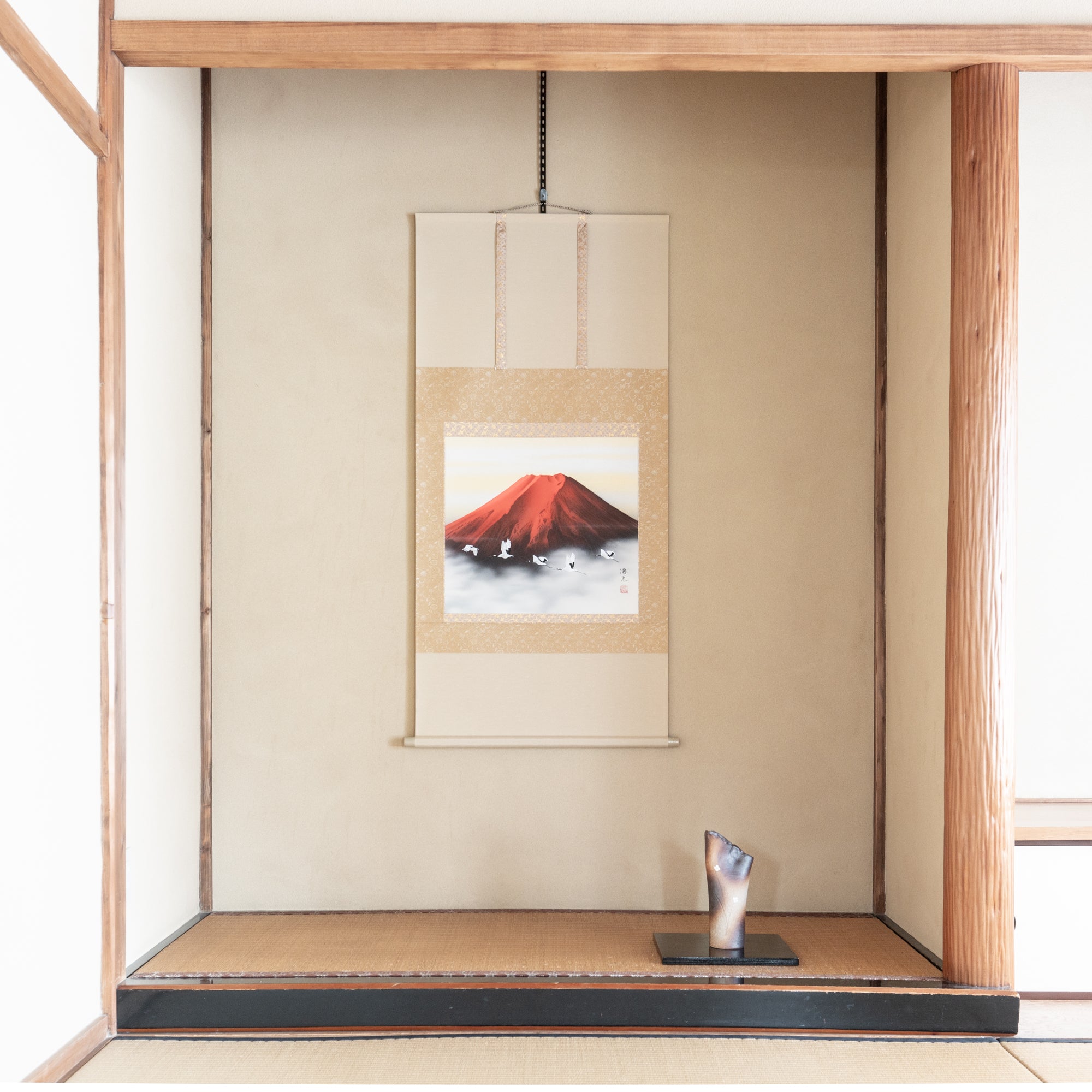 Red Mt. Fuji And Soaring Cranes Kakejiku Hanging Scroll
