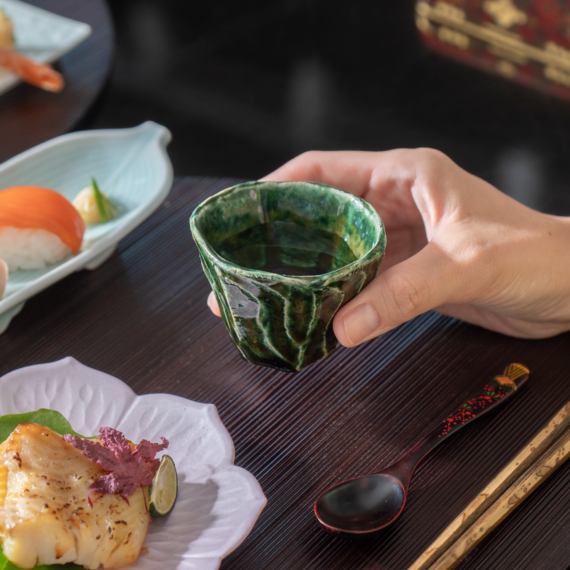 Oribe Wave Hexagonal Guinomi Sake Cup