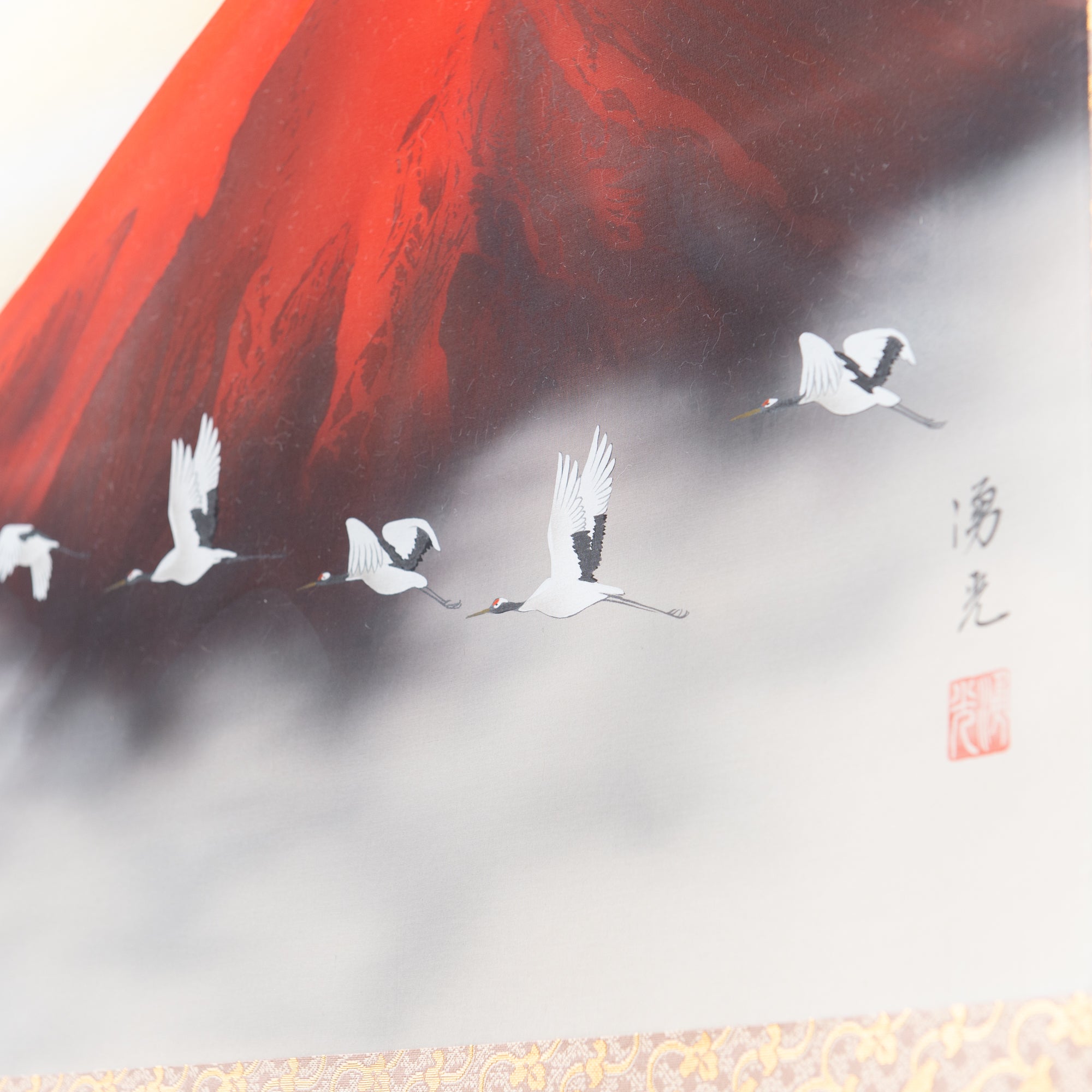 Red Mt. Fuji And Soaring Cranes Kakejiku Hanging Scroll