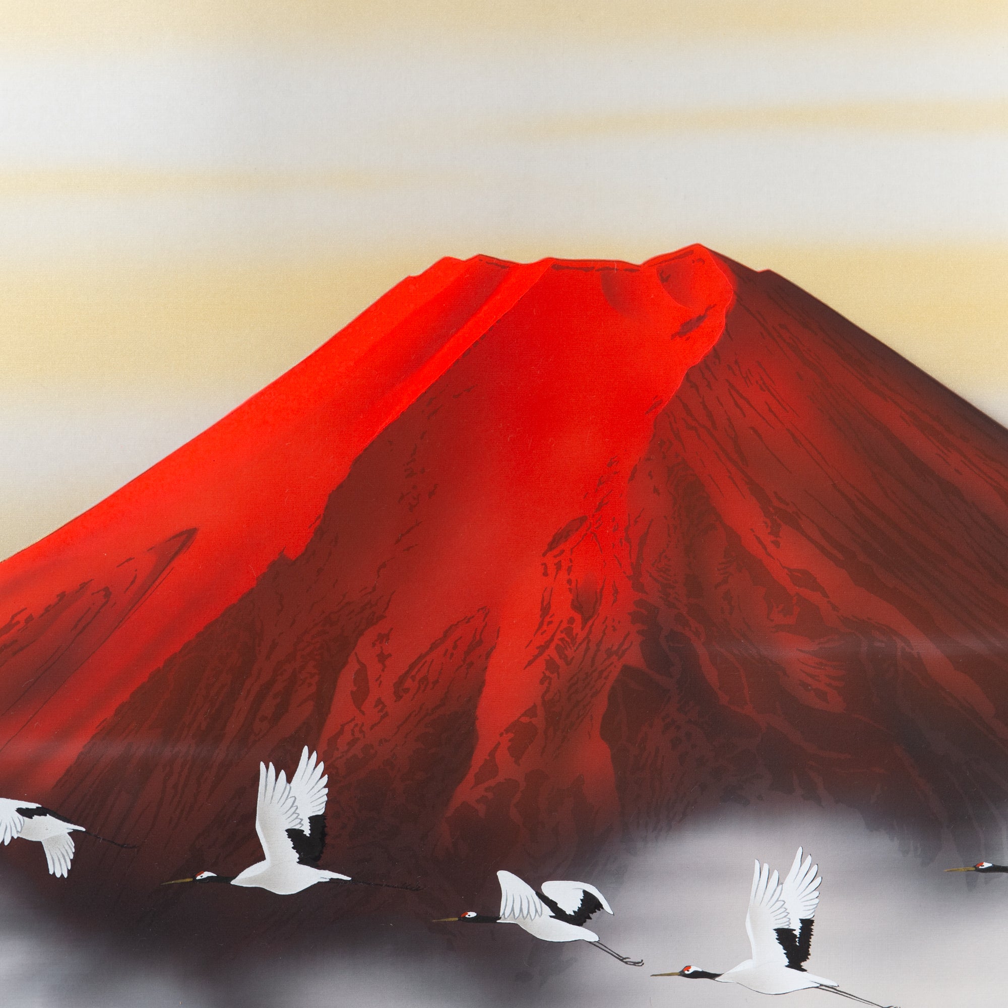 Red Mt. Fuji And Soaring Cranes Kakejiku Hanging Scroll